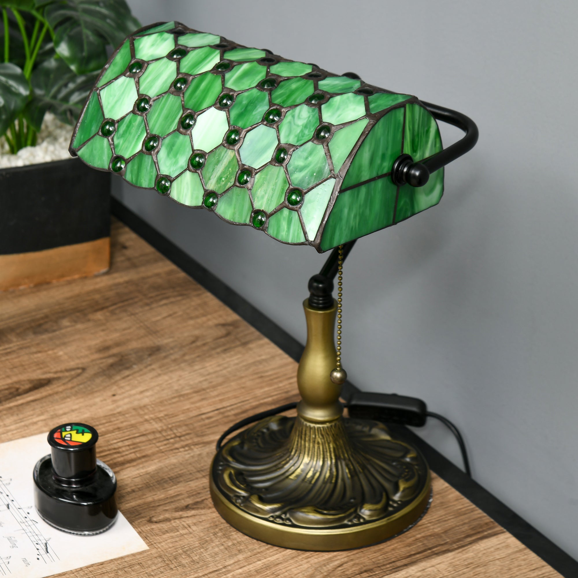Vintage Stained Glass Table Lamp with Handmade Green Shade and Metal Base - Green
