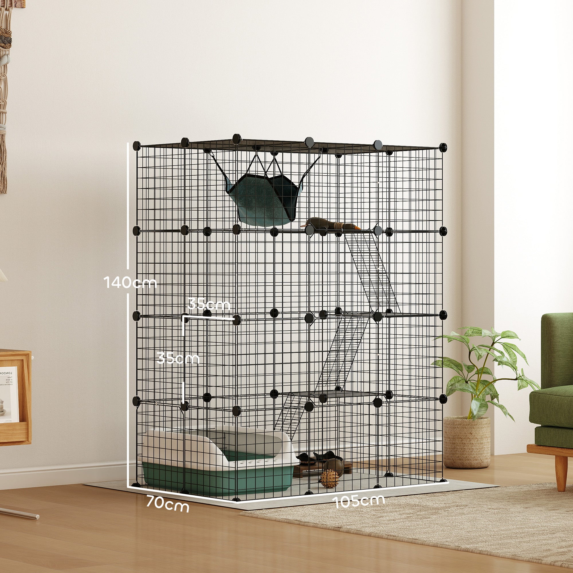 4-Tier Large DIY Indoor Cat Cage with Hammock, Ramps & 5 Doors for 1-3 Cats - Black