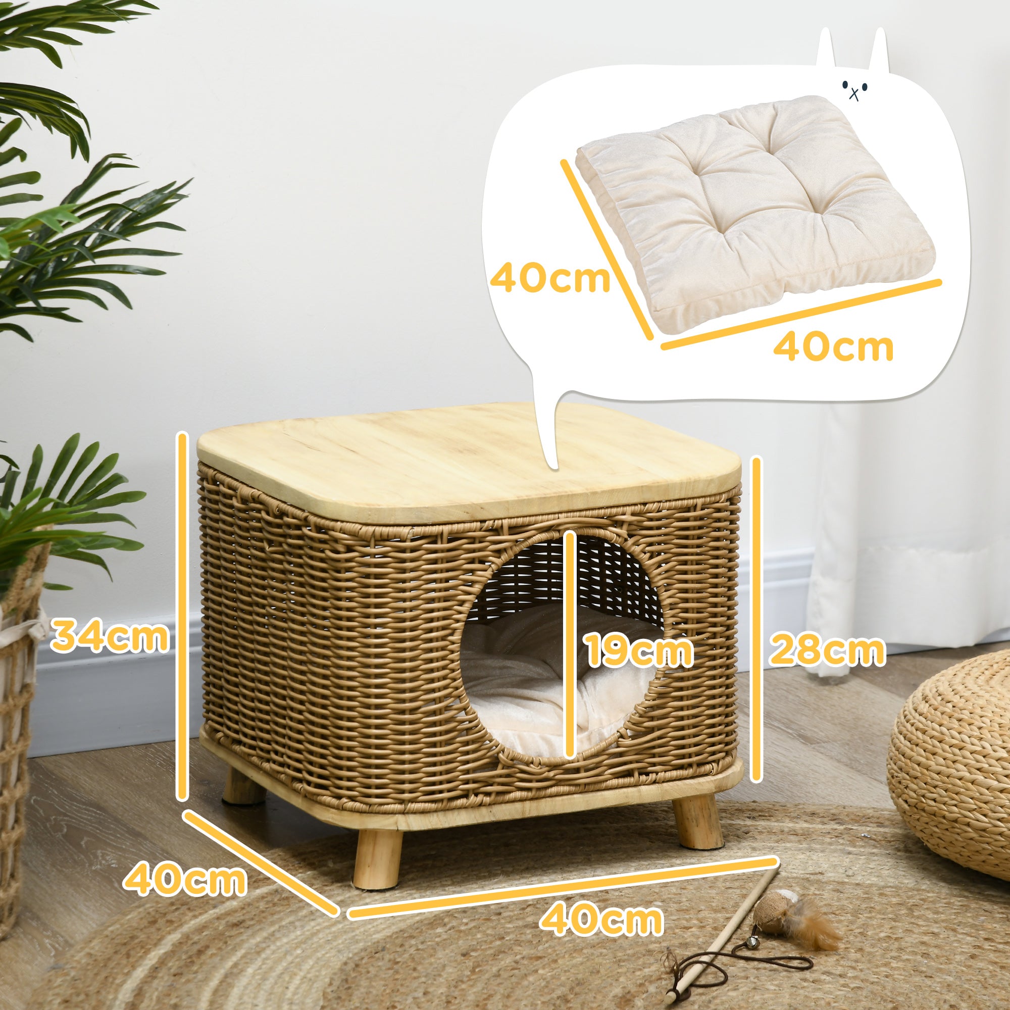 Elevated Design Wicker Cat House with Washable Cushion, Light Brown