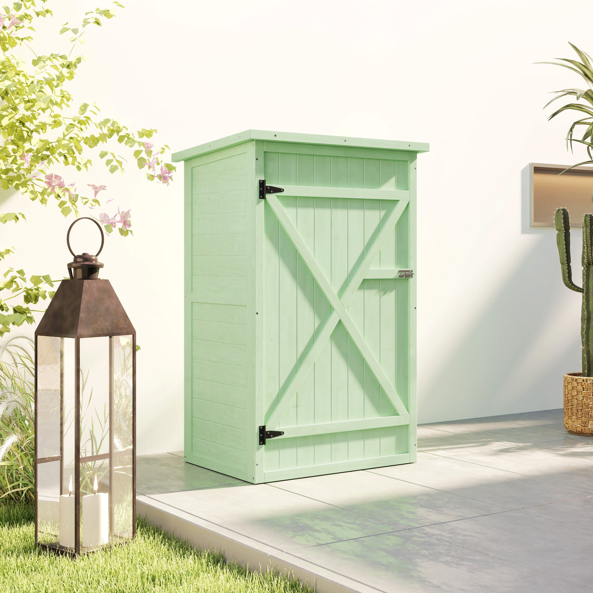 Wooden Small Garden Storage Shed with Shelves and Bolt Latch - Green