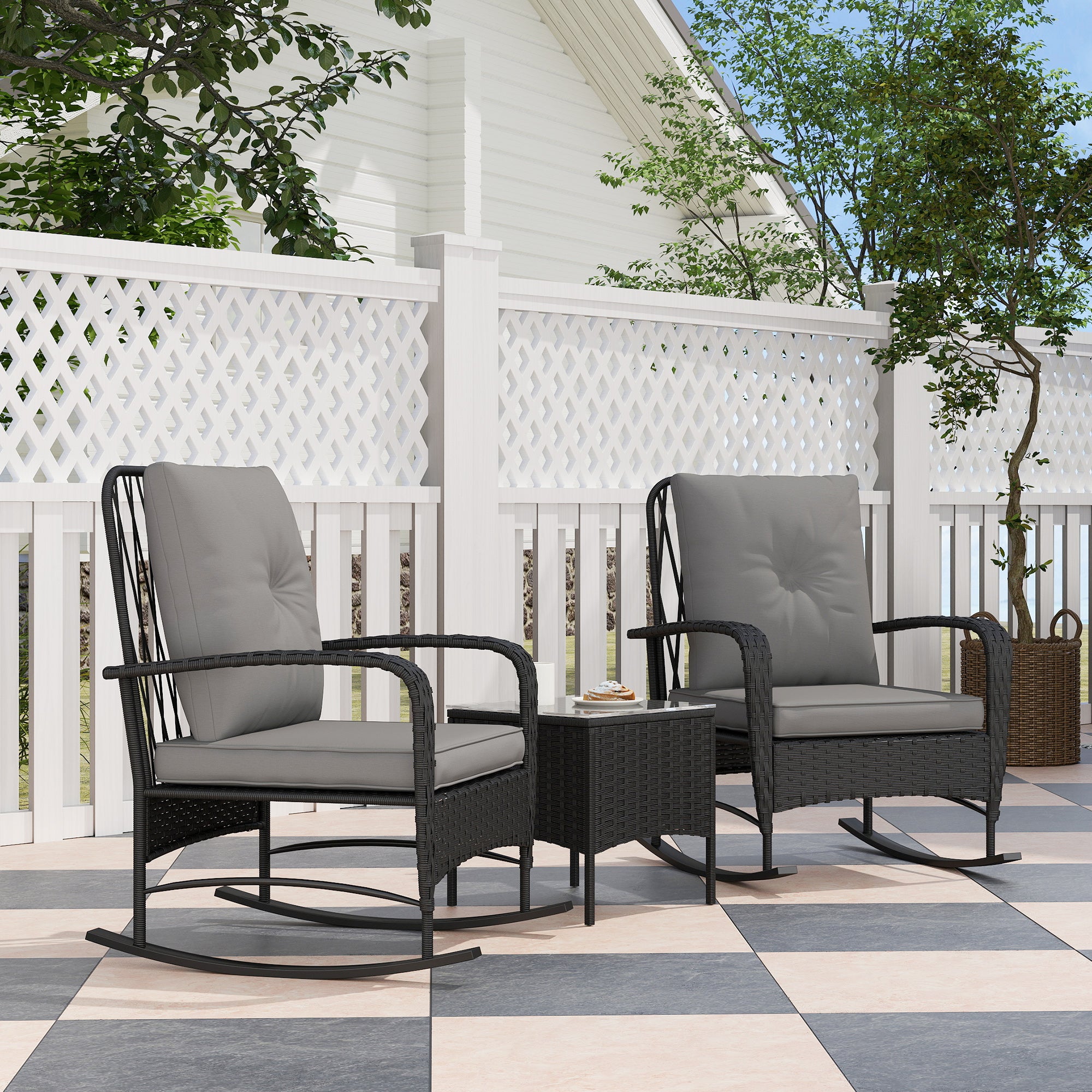 3 Piece Rocking Chair Rattan Bistro Set with Glass Table - Black