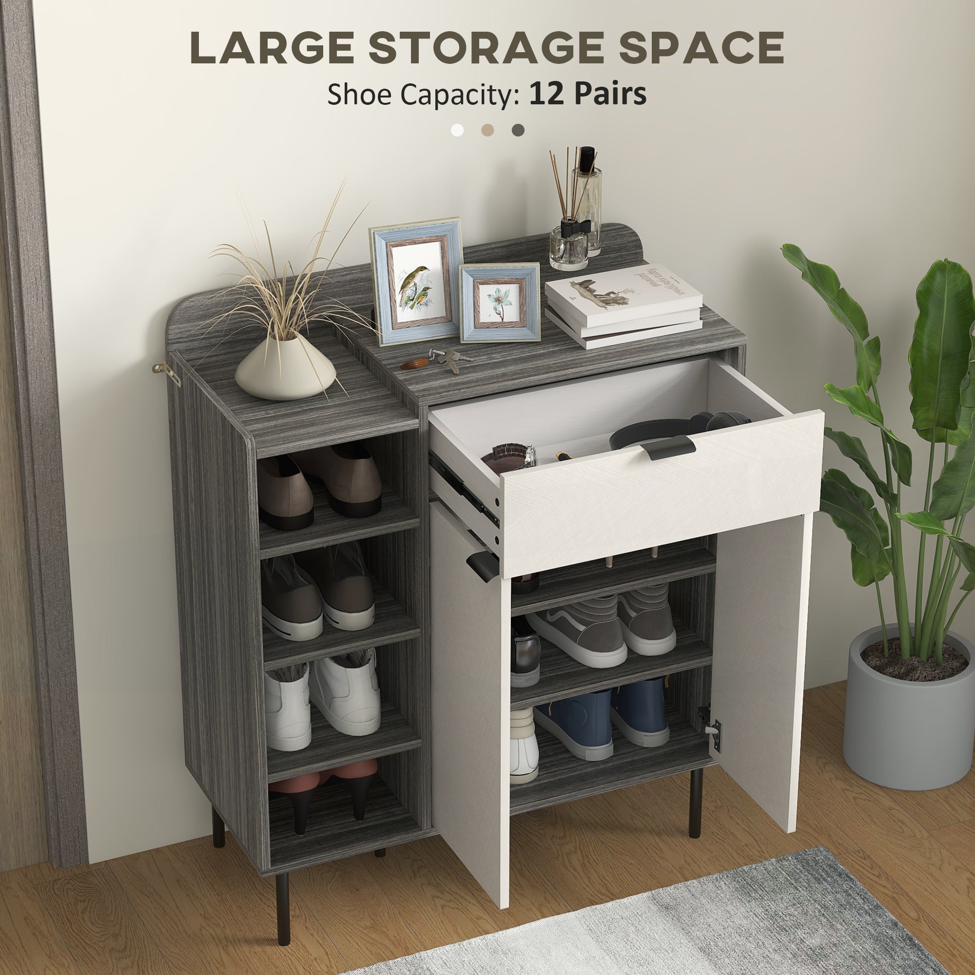 Modern and Minimal 12 Shoe Storage Cabinet - Grey/White