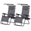 2 Piece Foldable Zero Gravity Reclining Garden Chairs with Headrest, Footrest, Armrest, Cup Holder & Canopy Shade - Grey