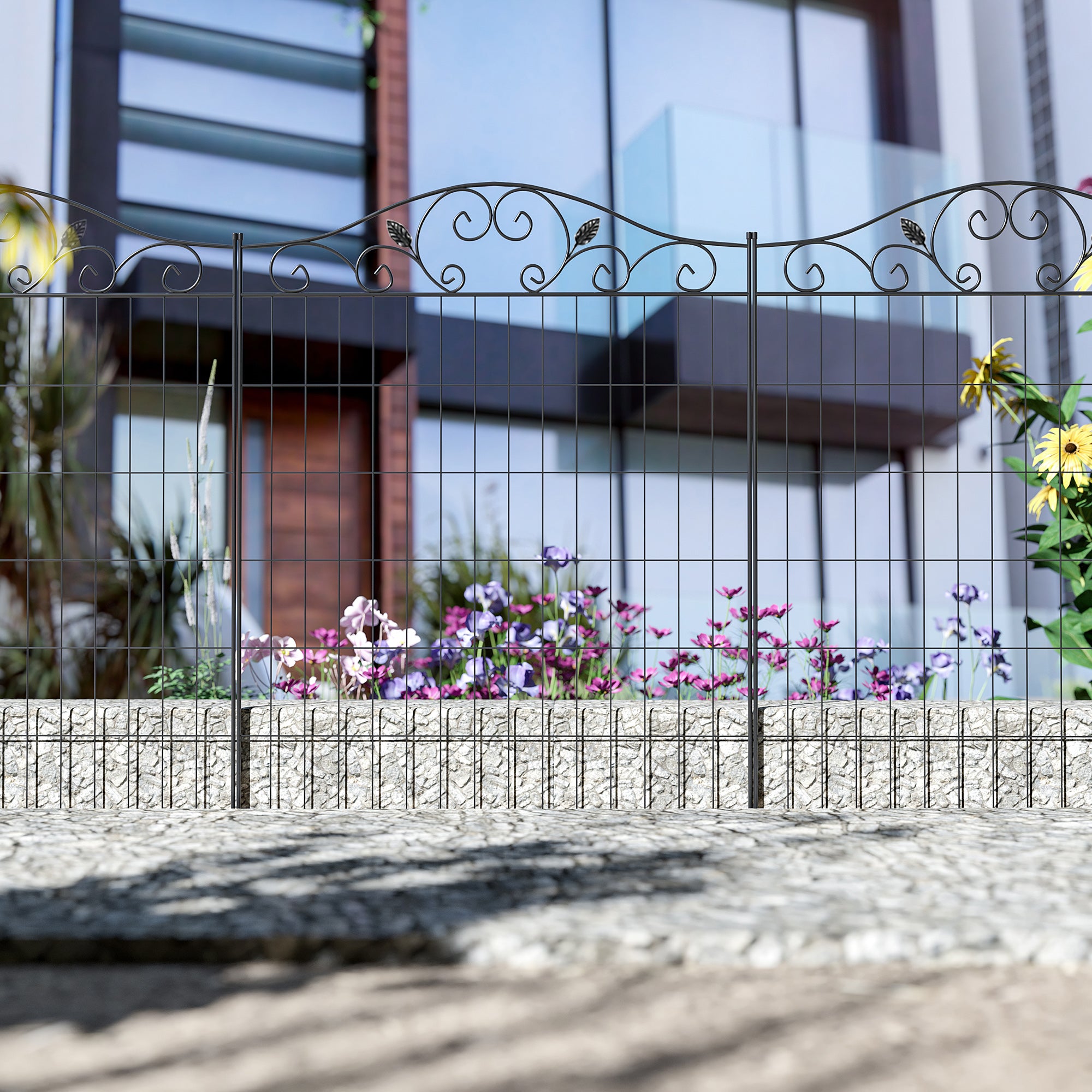 Set of 2 Decorative Garden Fence, 8 Panels Metal Picket Fence, Versatile Shapes for Patio Lawn, 365cm x 112cm, Black