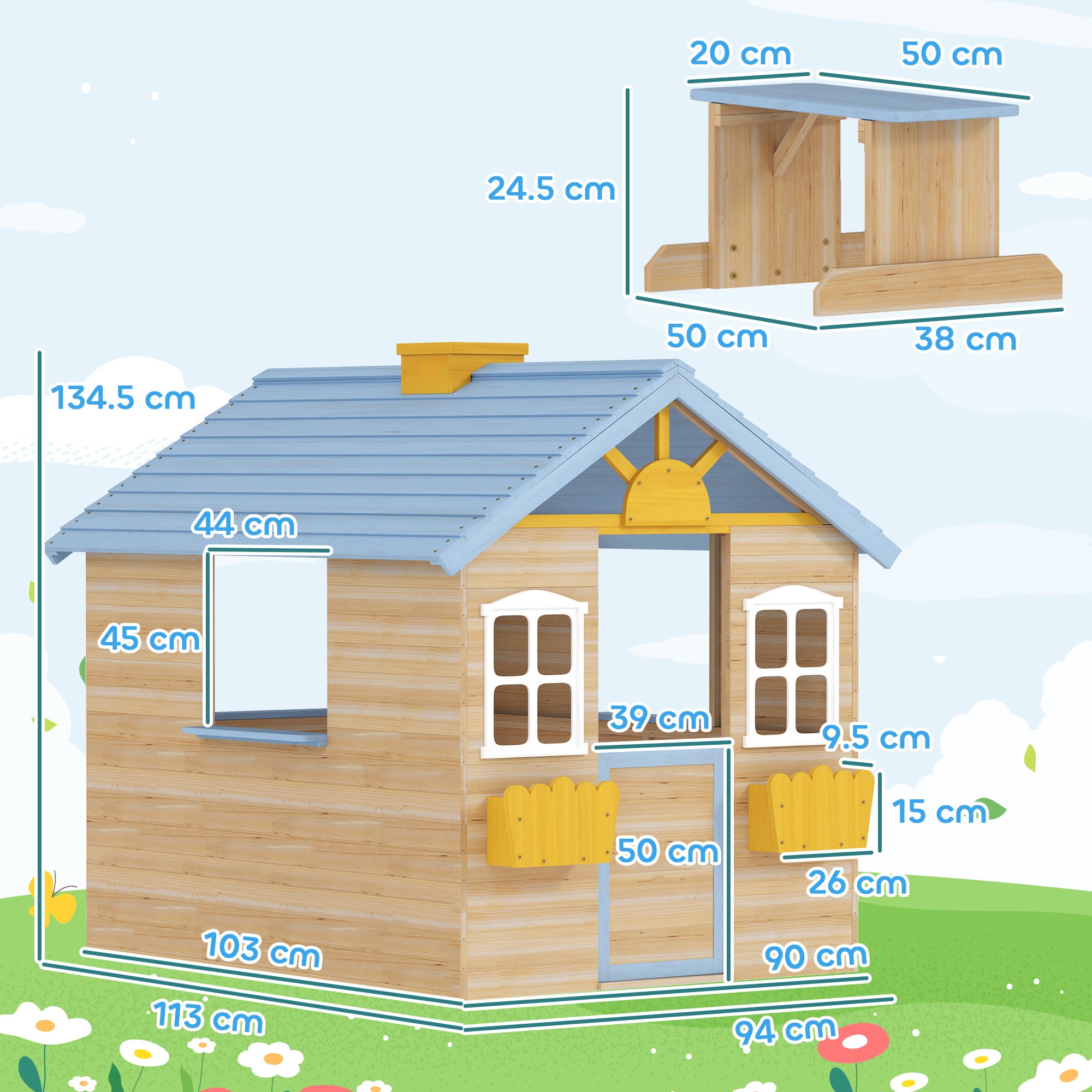 Wooden Playhouse, Wendy House w/ Door, Bench, Flowerpot Holder, For Ages 3-7 Years, Blue