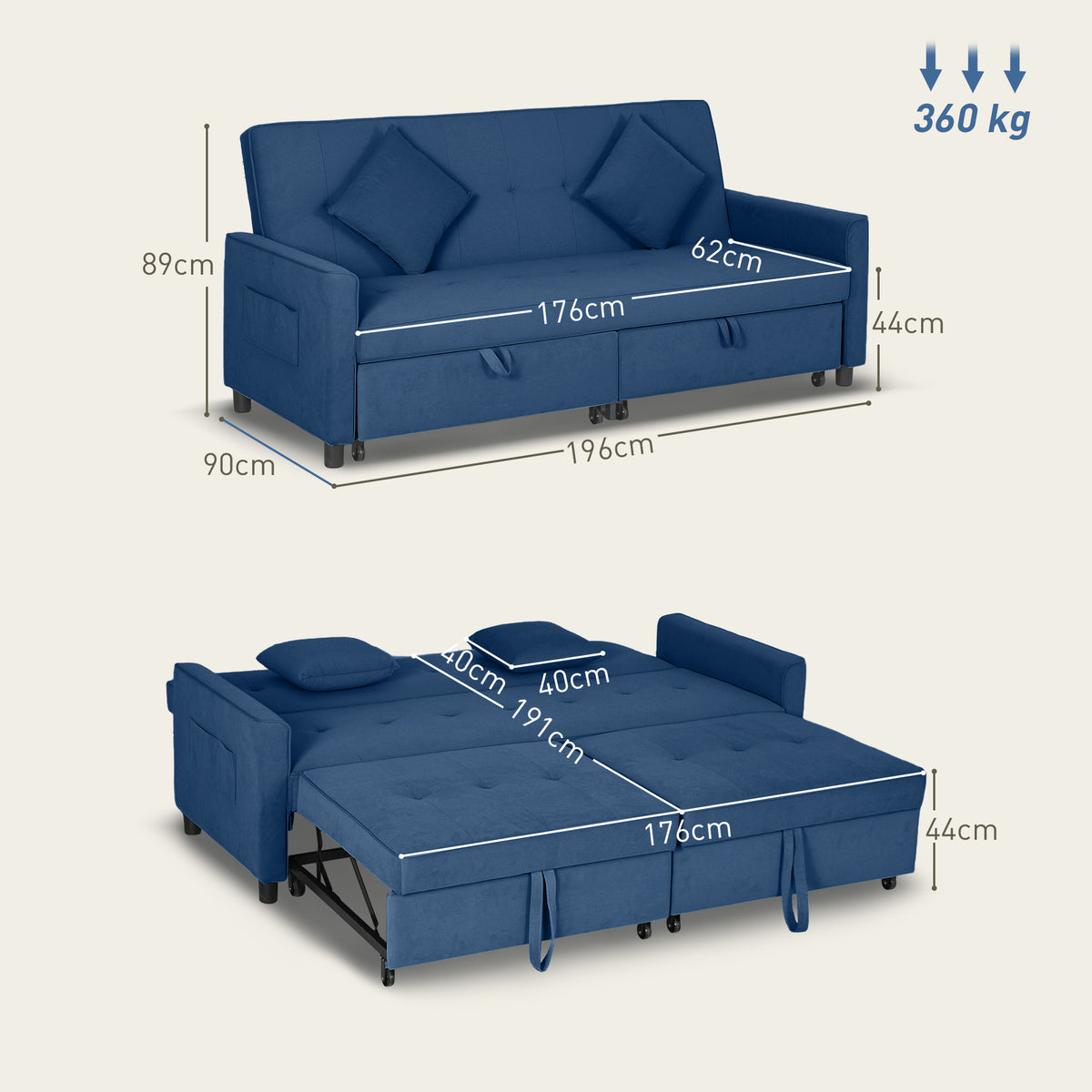 Three-Person Velvet-Feel Sofa Bed with Cushions and Adjustable Backrest - Blue