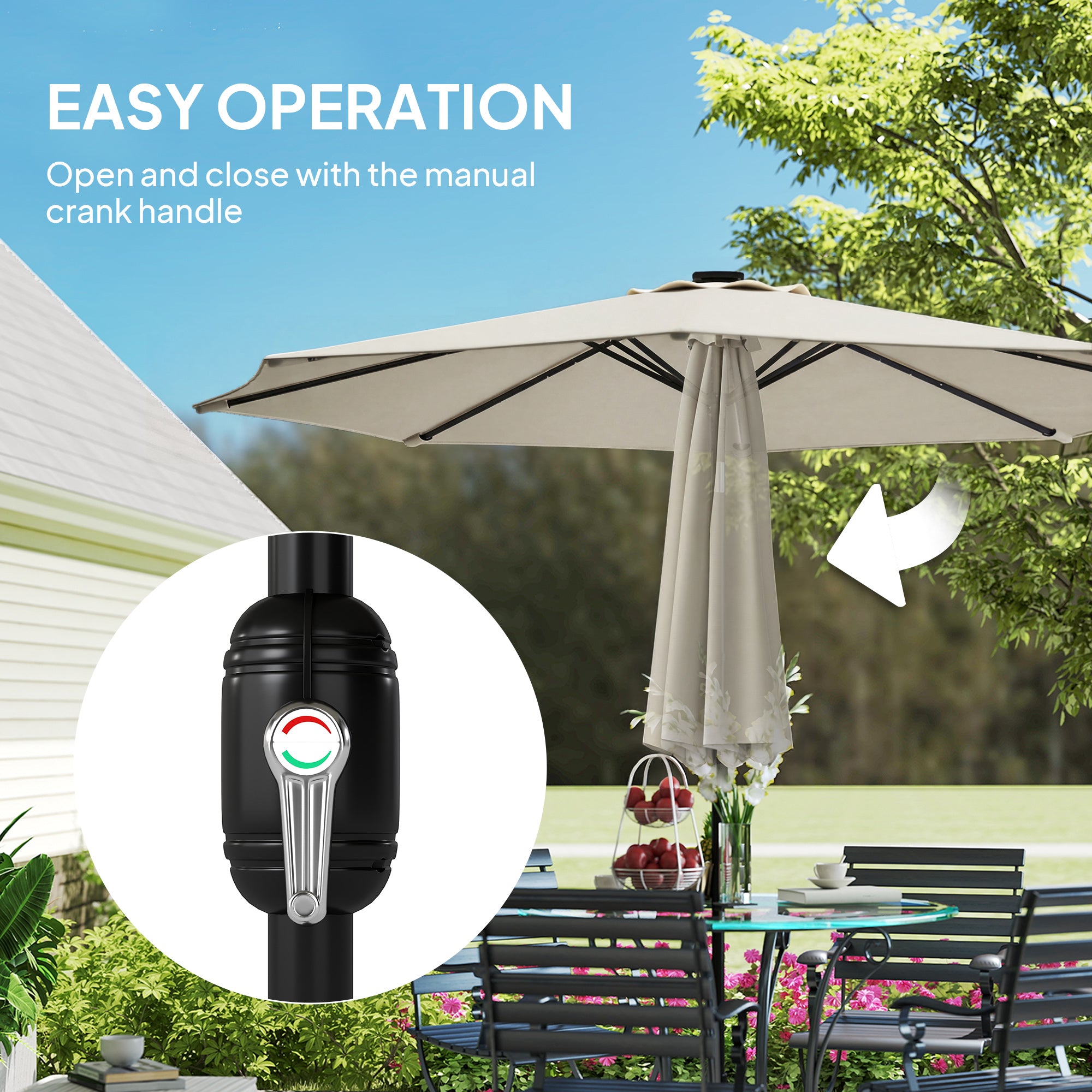 2.6 m Garden Parasol Umbrella with LED Solar Light, Parasol Cover, Outdoor Market Patio Umbrella, Cream White