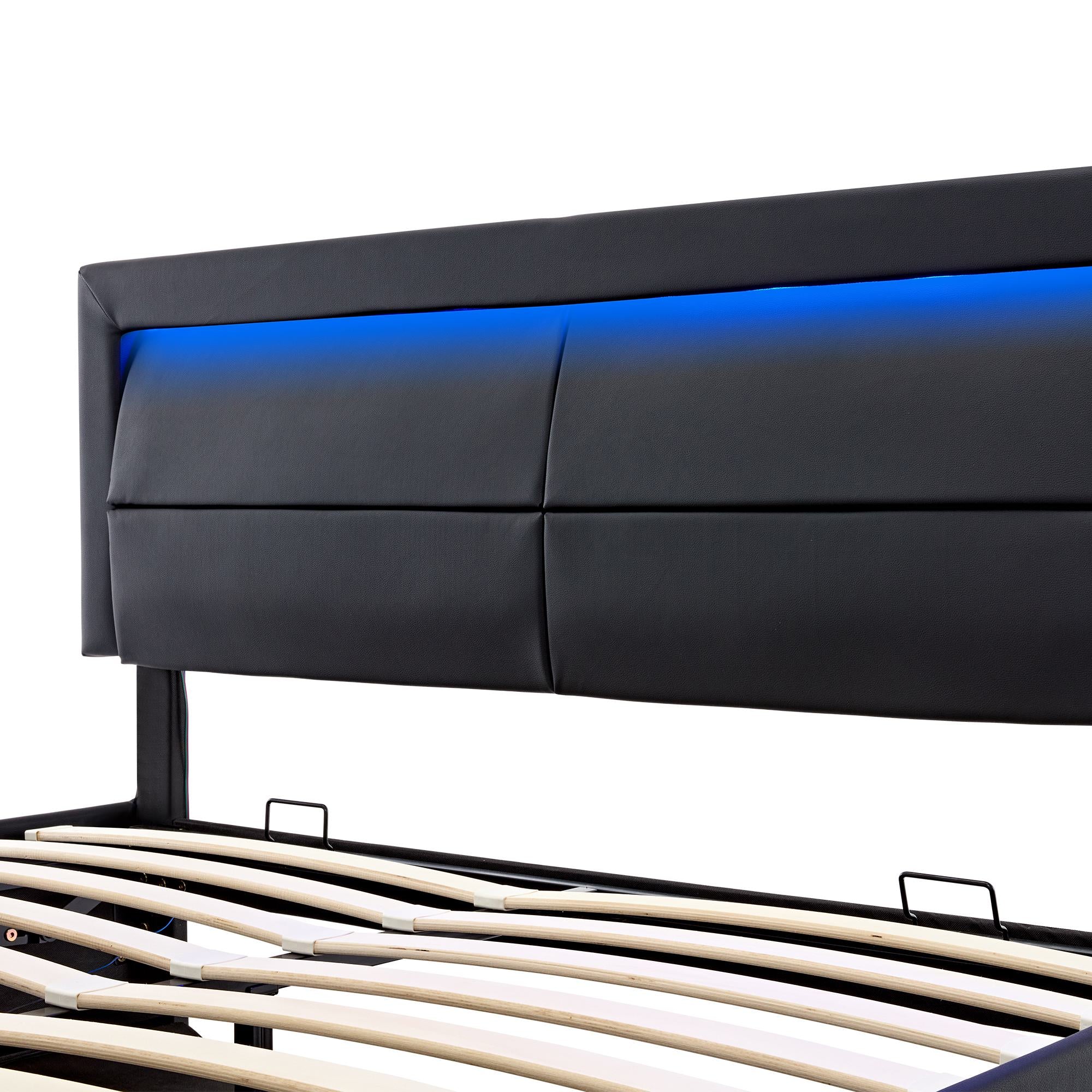 Upholstered Double Bed with USB Charging and Storage - Black