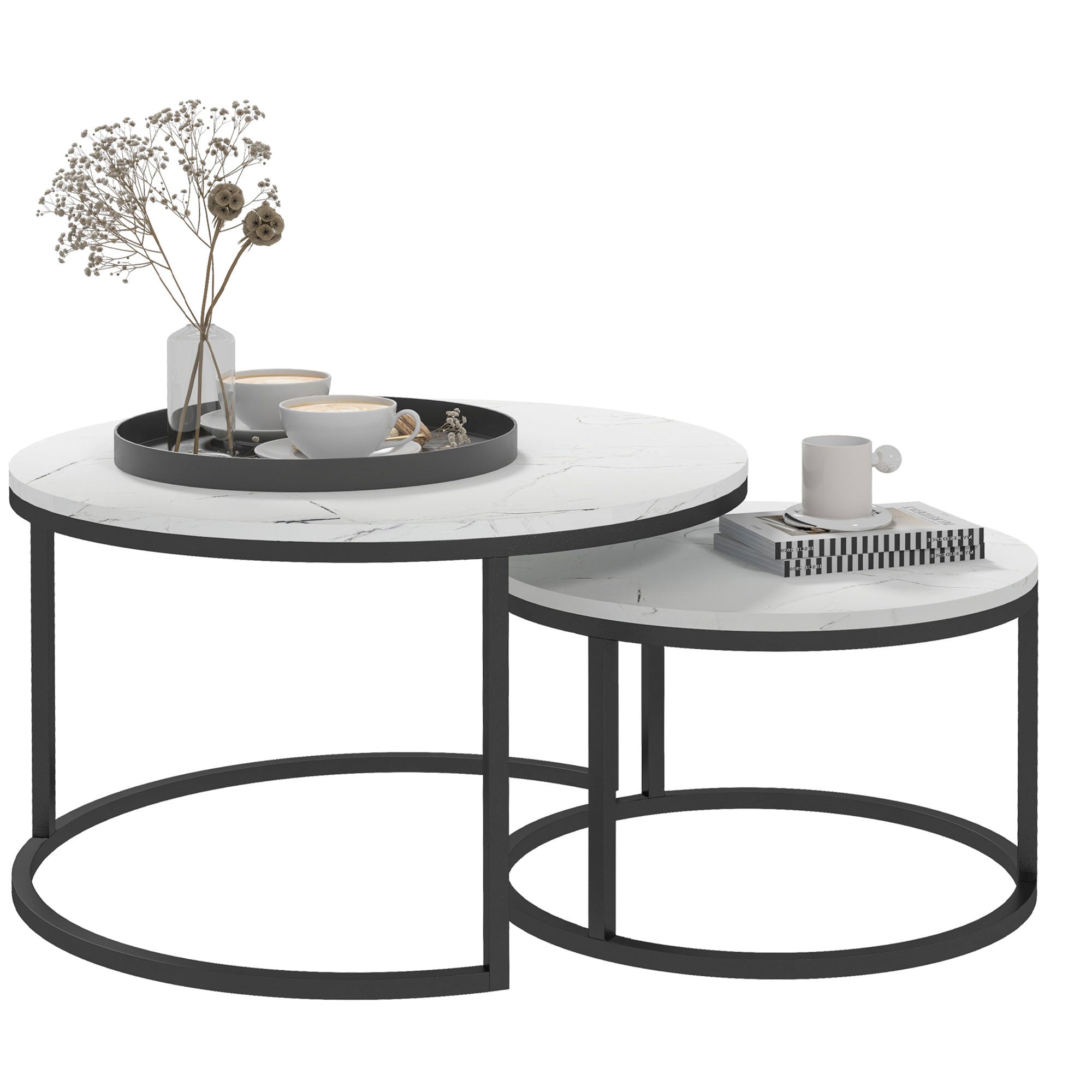 Set of Two Marble-Effect Stacking Tables - Black/White