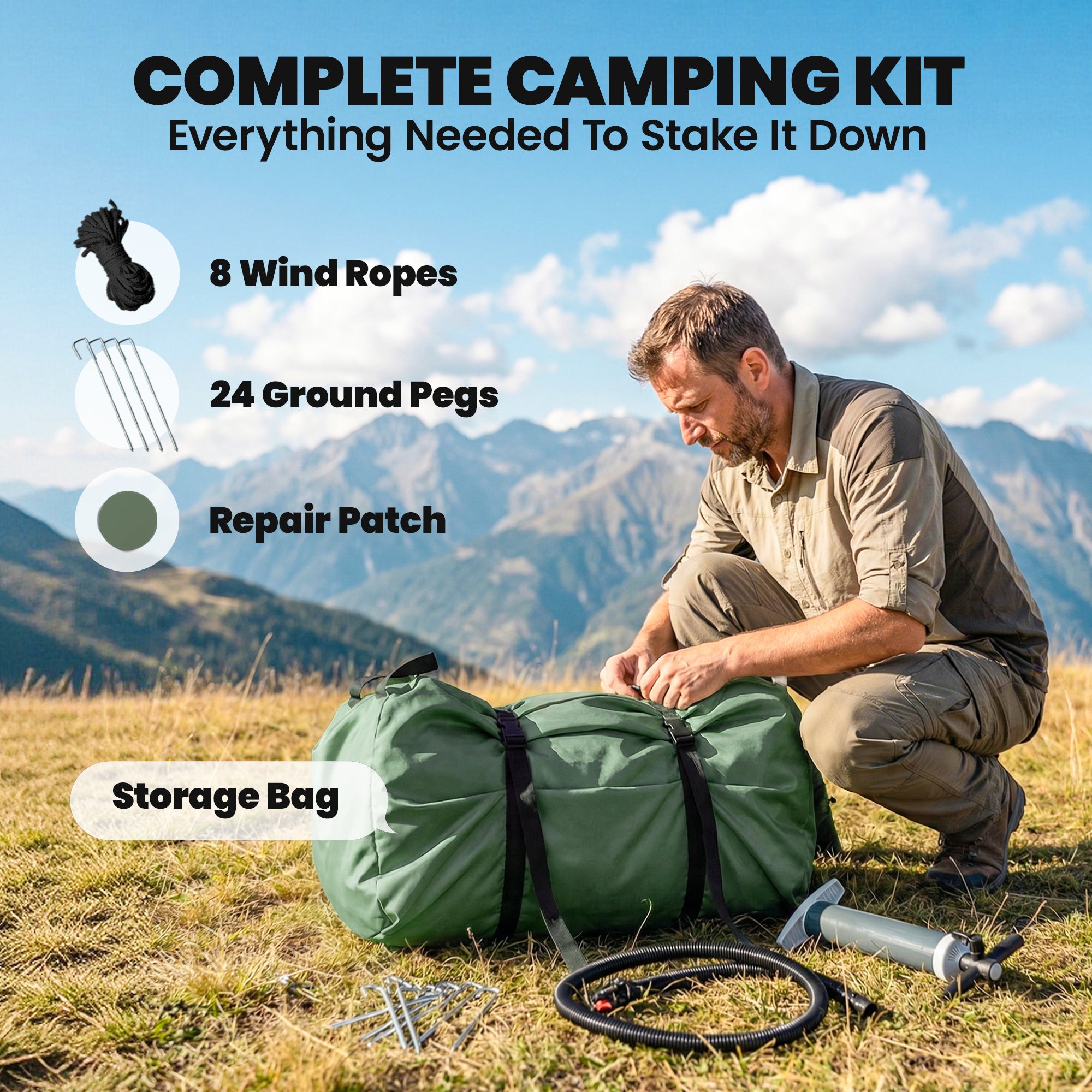 Inflatable Camping Tent, 4 Season Hot Tent 10000mm Waterproof with Chimney Opening, Sky Light and Air Pump, Green