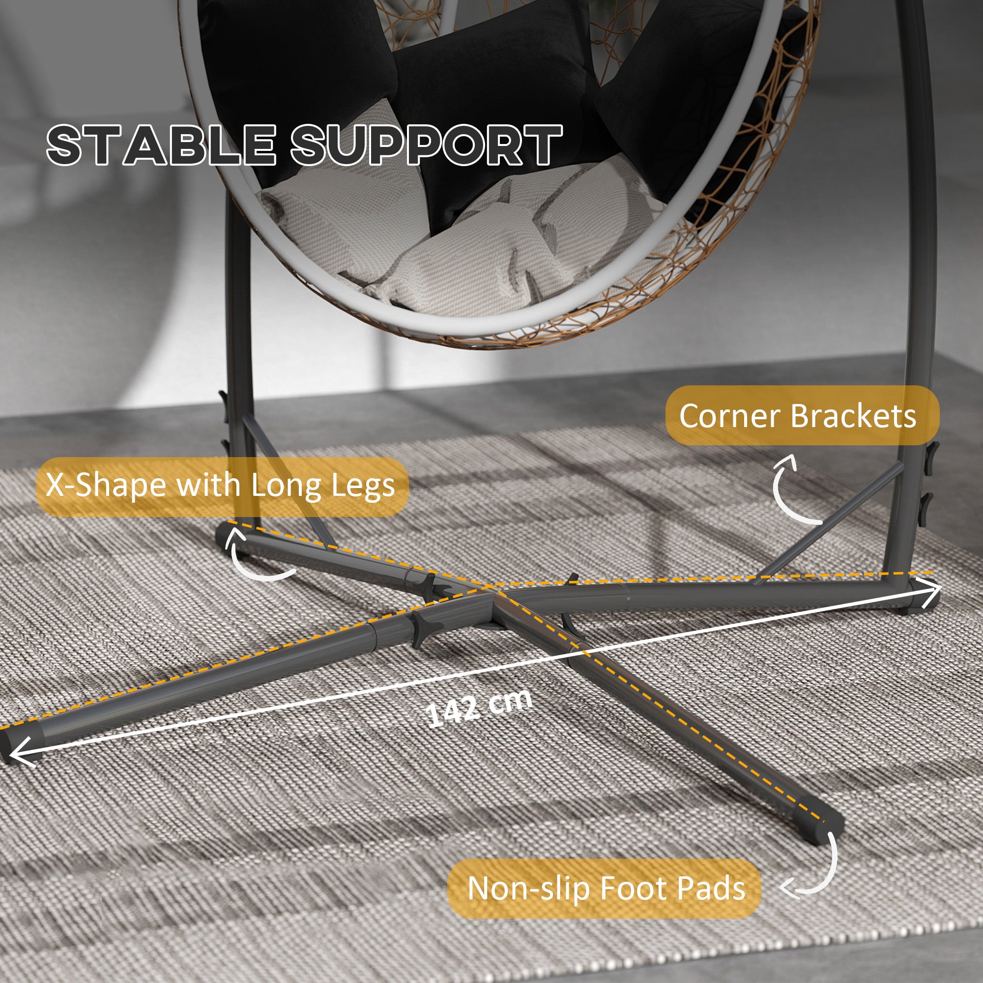 Hammock Chair Stand Only, Hanging Chair Stand with X-Shape Base, Heavy Duty Steel Single Hammock Egg Swing Frame for Indoor Outdoor, 150 KG Load Capacity Black