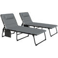 Set of 2 Folding Recliner Sun Loungers with Quick-Dry Pad & Side Pocket - Charcoal Grey