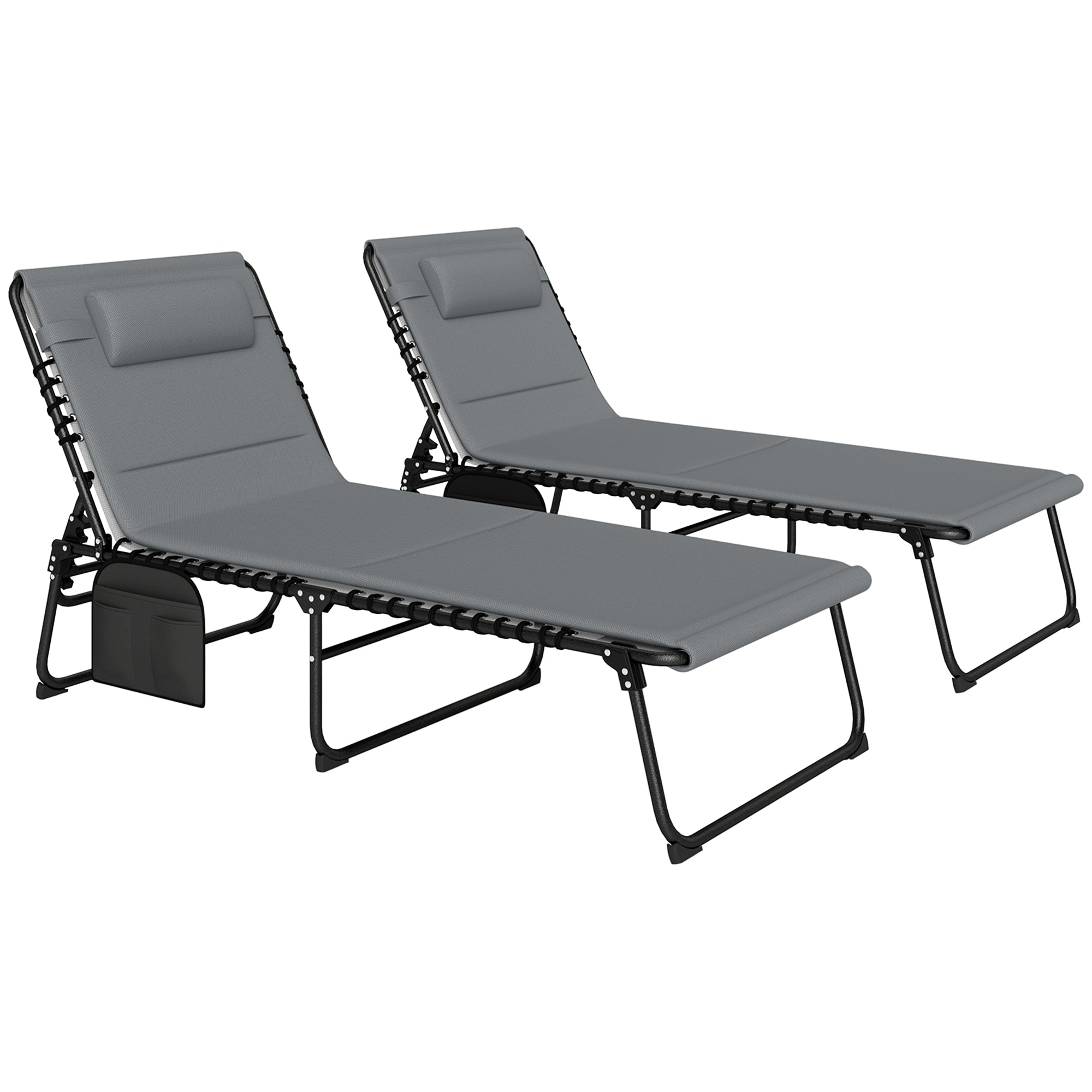 Set of 2 Folding Recliner Sun Loungers with Quick-Dry Pad & Side Pocket - Charcoal Grey