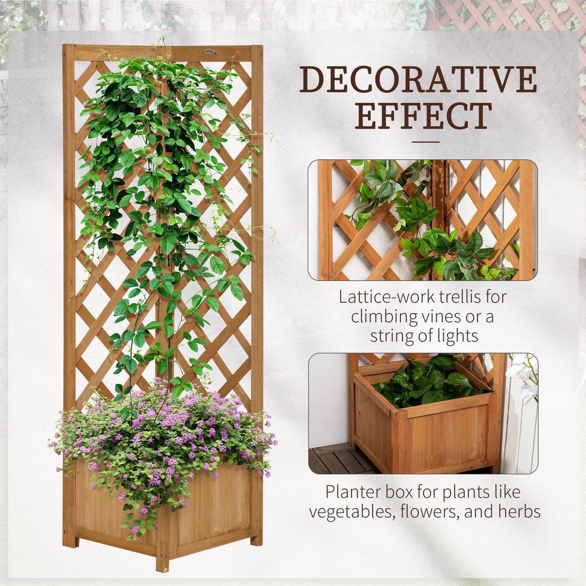 Wooden Planter with Corner Trellis, Freestanding Raised Garden Bed with Drainage Bottom, Outdoor Planter Box, Brown