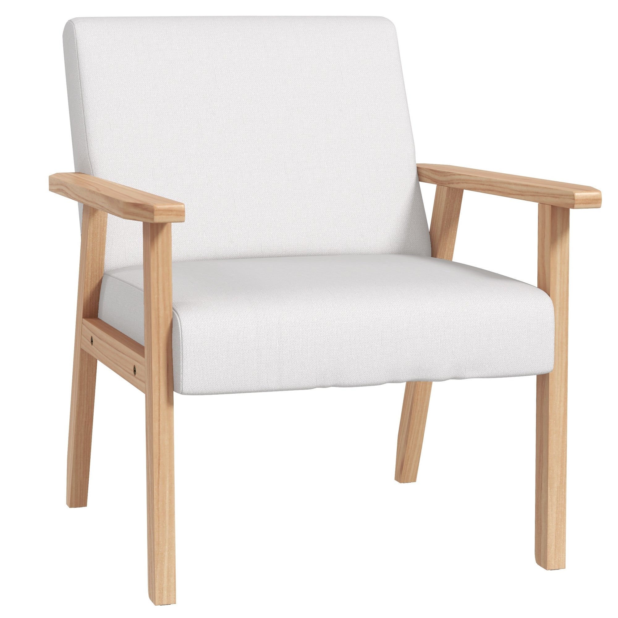 Accent Chair Wood Frame with Thick Linen Cushions Wide Seat Armchair Home Furniture Bedroom Office Cream White