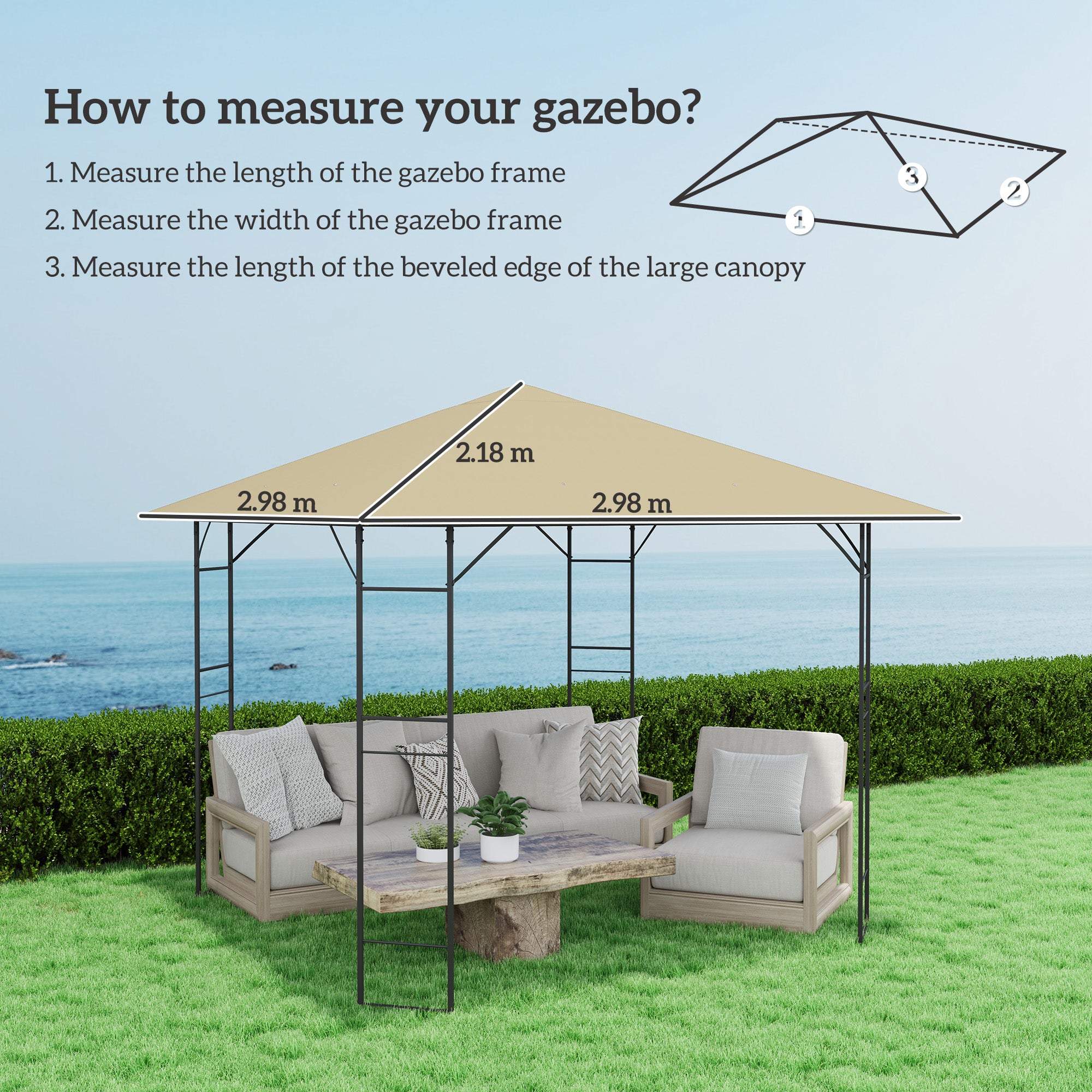 3 Piece 3x3m Gazebo Canopy Replacement Cover - Beige