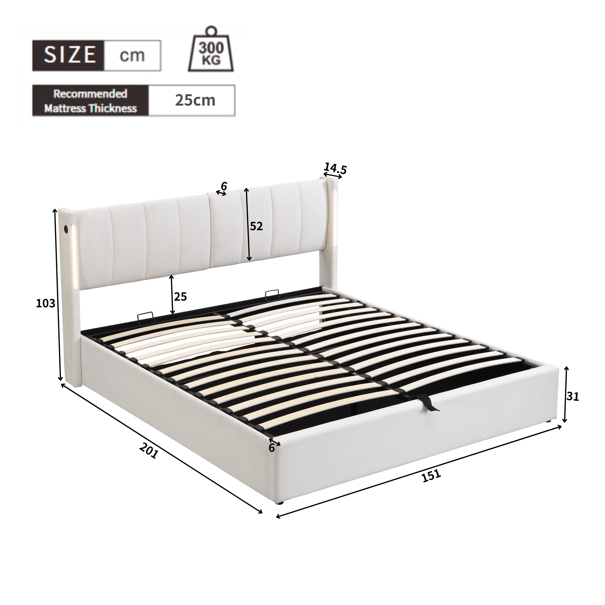 King Size LED Upholstered Bed with Hydraulic Storage & USB Port - White