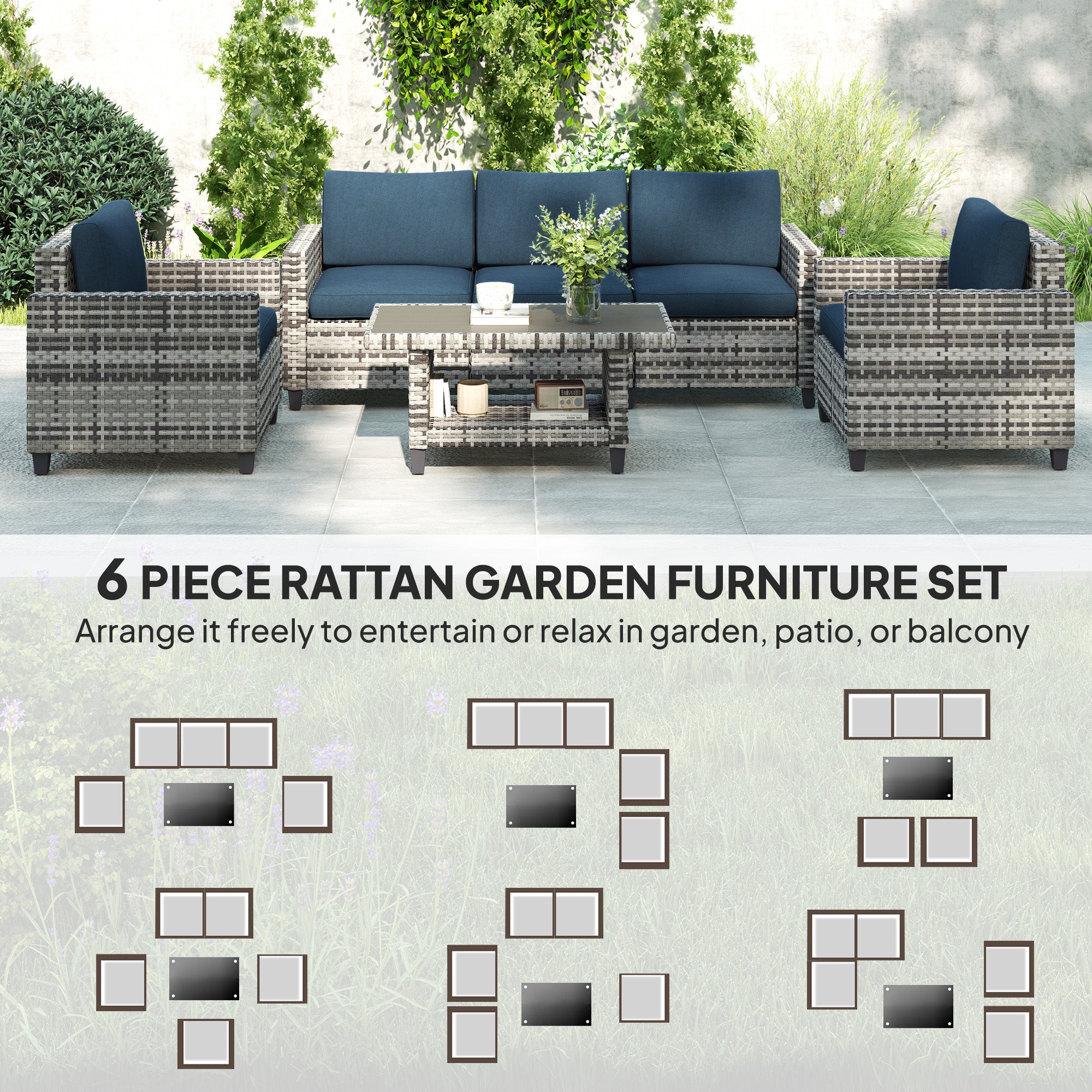 6 Piece Rattan Garden Furniture Set with Cushions and Steel Frame Coffee Table Navy Blue