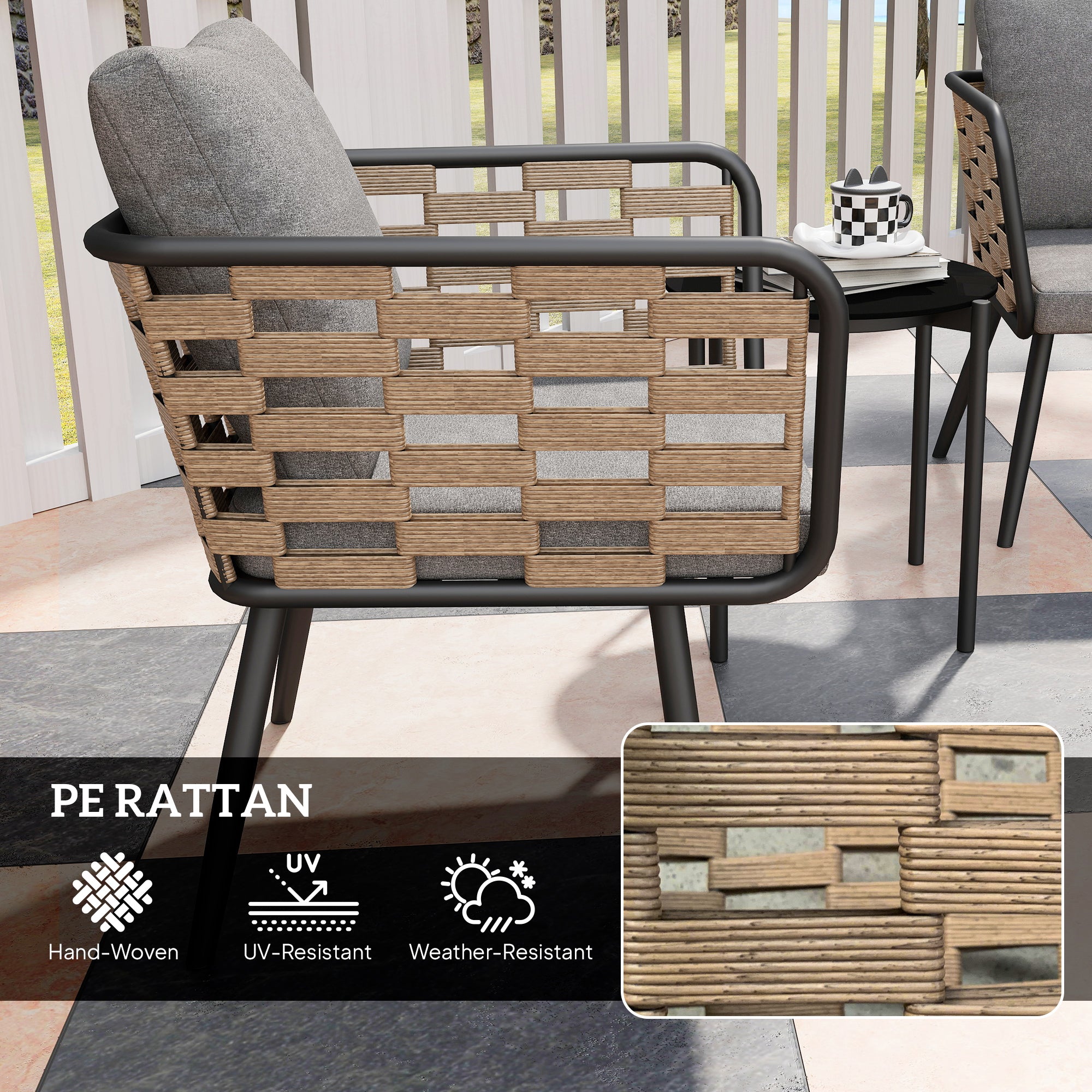 3 Pieces Rattan Bistro Set with Washable Seat and Back Cushions, Glass Top Coffee Table, for Outdoor, Patio, Black