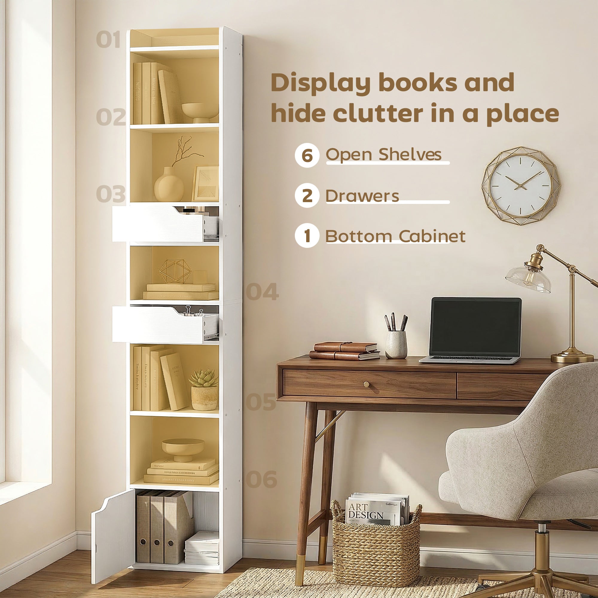 Bookcase Tall Narrow with 5 Tiers and Drawers Freestanding Bookshelf Storage Cabinet for Living Room White Wood Effect
