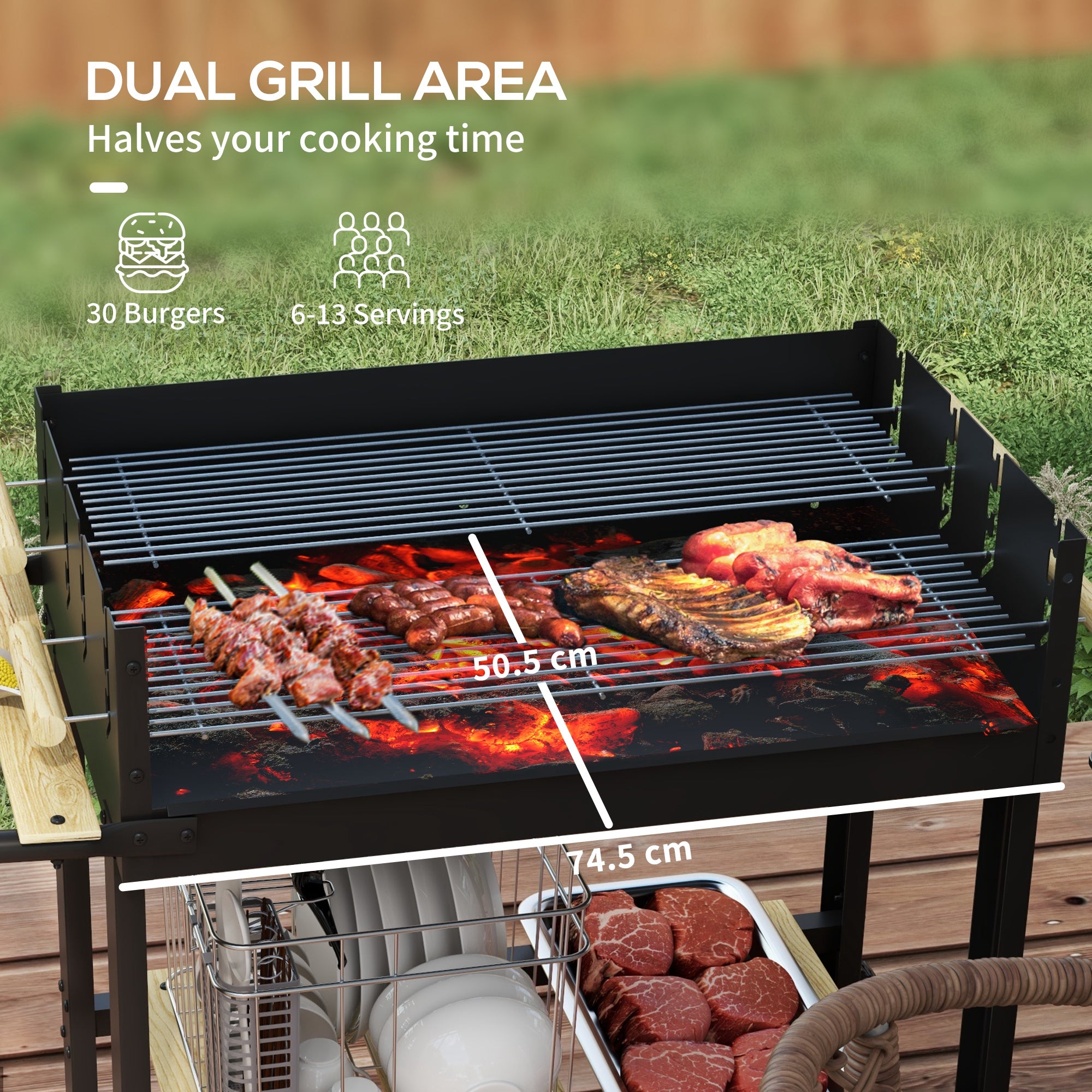Charcoal BBQ Grill, Barbecue Trolley with Double Adjustable Grill, Side Table, Storage Shelf and Wheels for Outdoor Garden Party Cooking, Black