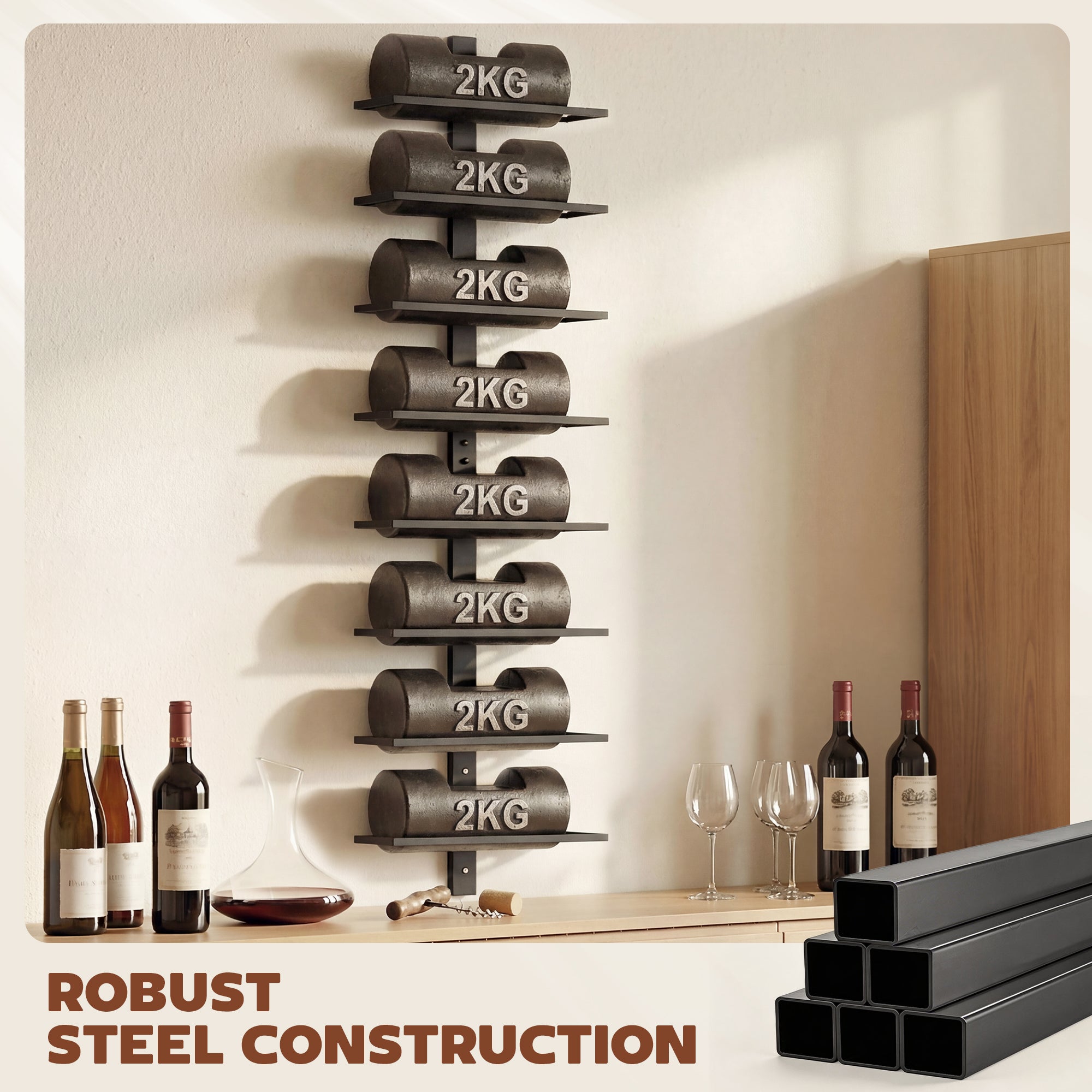 Wall Mounted Wine Rack, 8 Tier Metal Wine Display Rack, Storage Holder for Kitchen, Black