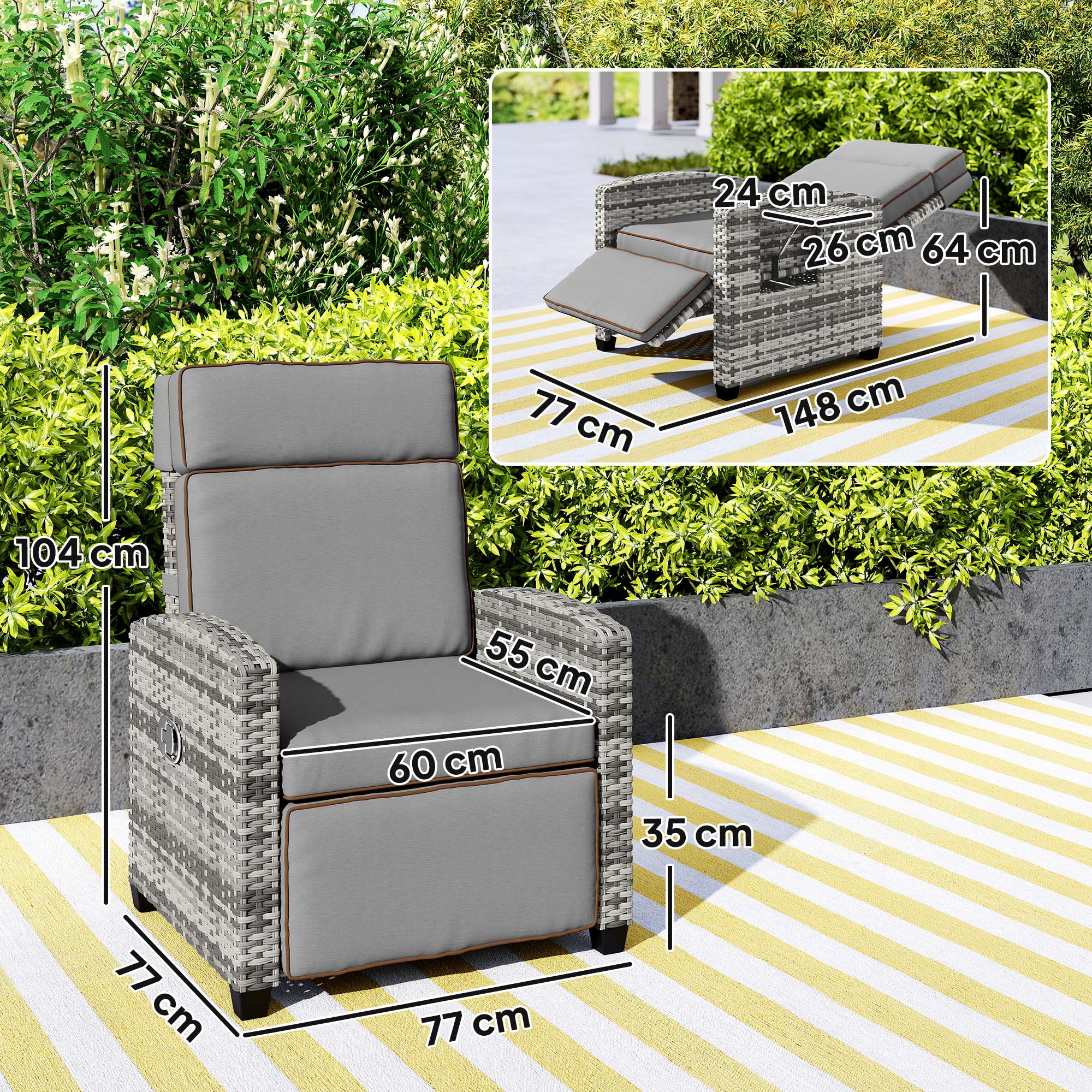 Rattan Garden Recliner Chair, Adjustable Backrest Reclining Rattan Chair with Flip Table, Cushion and Footrest, Indoor Outdoor Lounge Reclining Sun Lounger for Patio, Mixed Grey/Grey