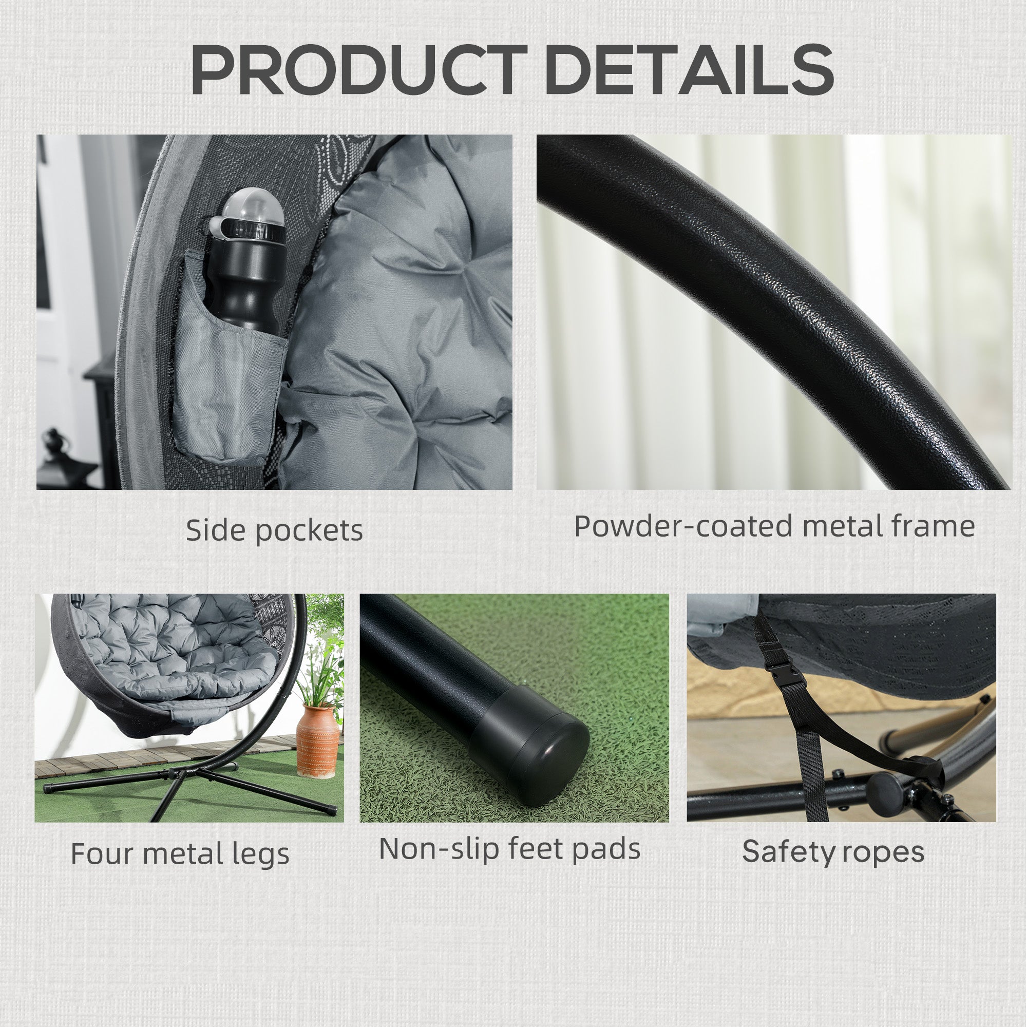 Round Egg Basket Chair with Steel Stand and Padded Cushion - Charcoal Grey