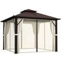 3x3m Hardtop Gazebo Canopy with UPF30+ Double Polycarbonate Roof, Aluminium Frame, Mosquito Netting & Curtains - Beige