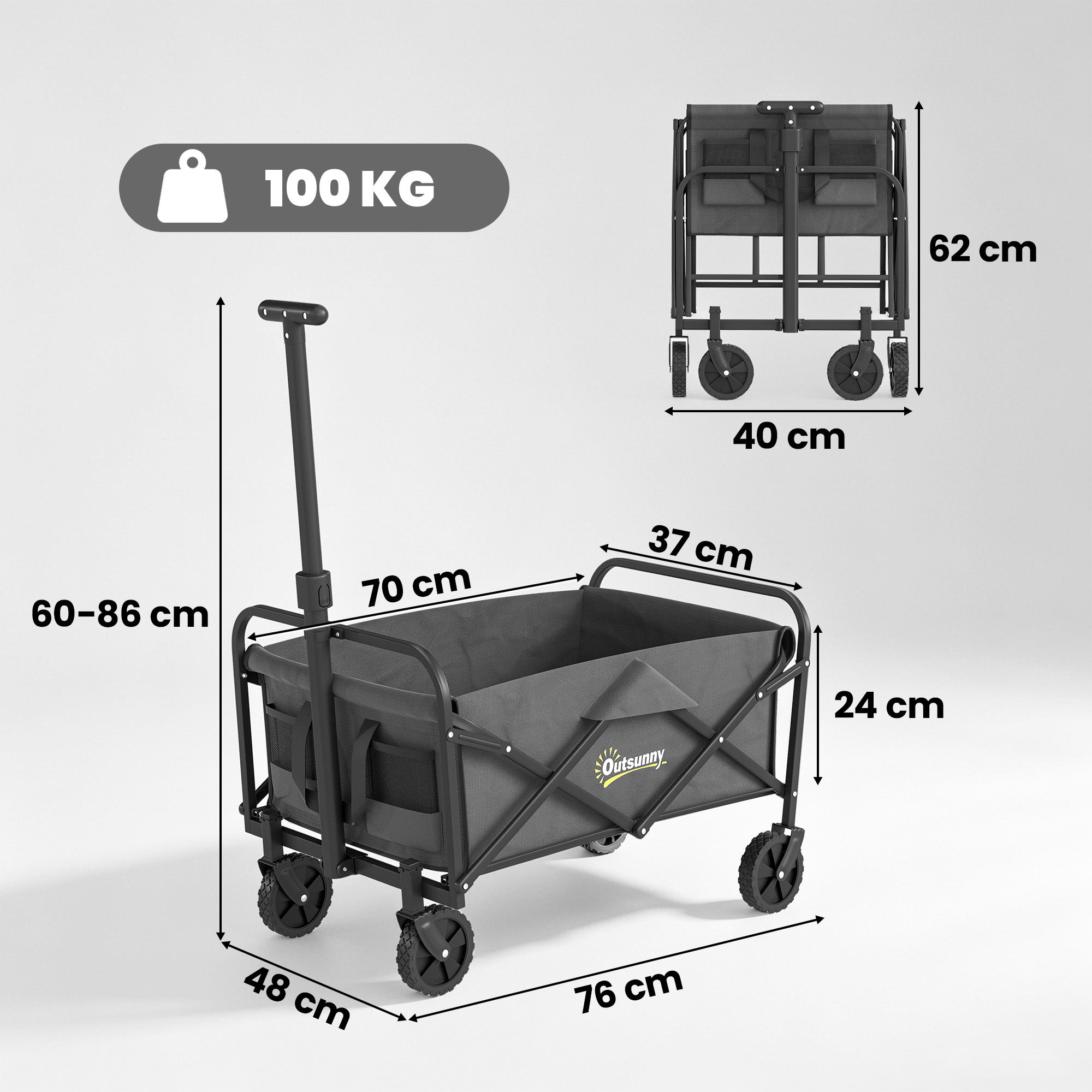 93L Festival Trolley on Wheels, Garden Folding Trolley Cart, 120kg Heavy Duty Collapsible Folding Wagon with Adjustable Handle and Carrying Bag for Beach, Camping, Festival, Grey