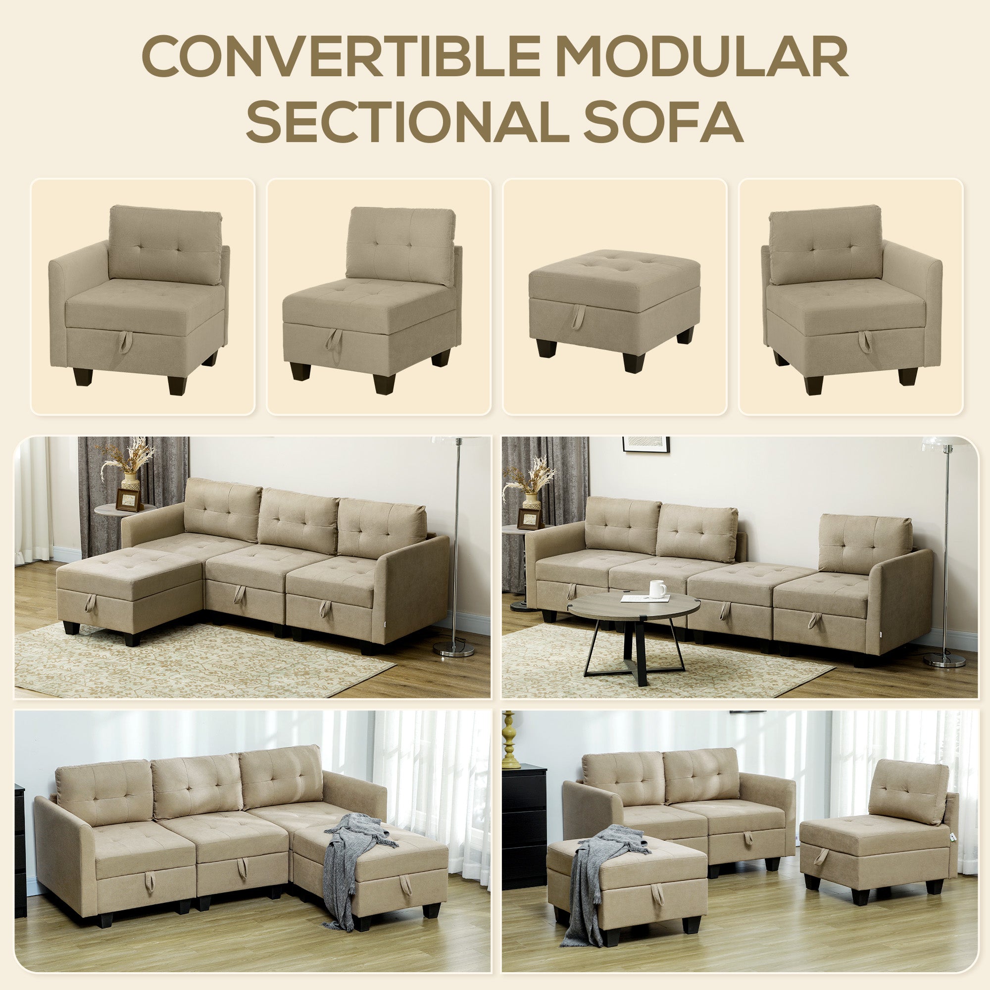 'L' Shape Modular Sofa, with Storage - Light Brown