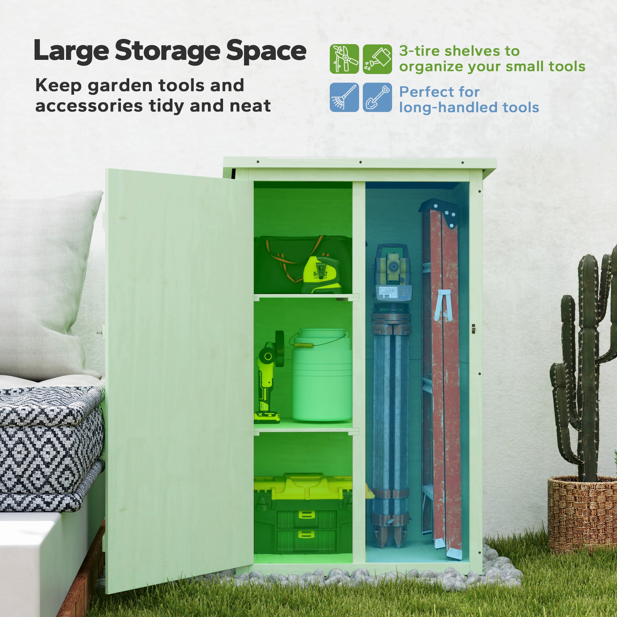Wooden Small Garden Storage Shed with Shelves and Bolt Latch - Green