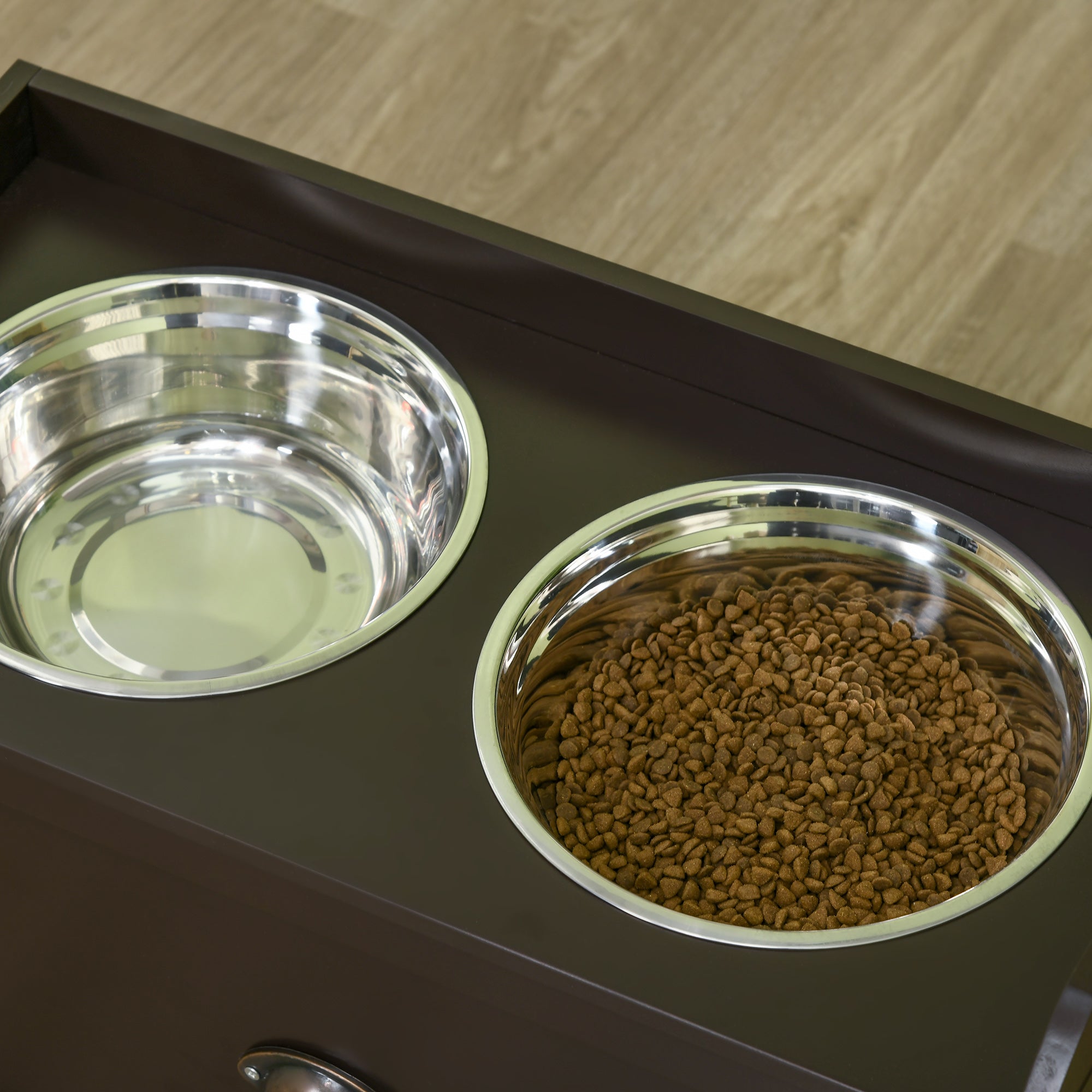 Stainless Steel Raised Dog Bowls, with 21L Storage Drawer for Large Dogs - Brown