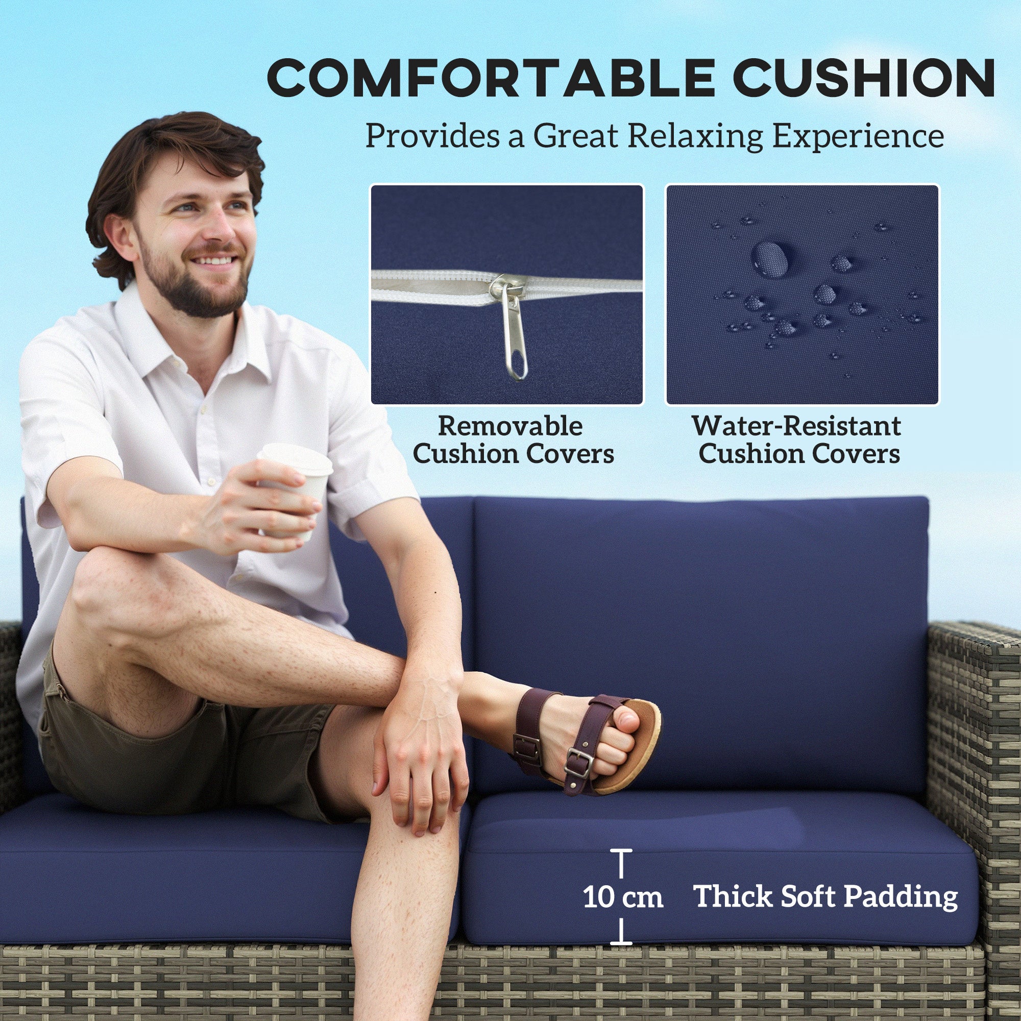 2 Seater Rattan Garden Sofa with Padded Cushions and Armrests Navy Blue