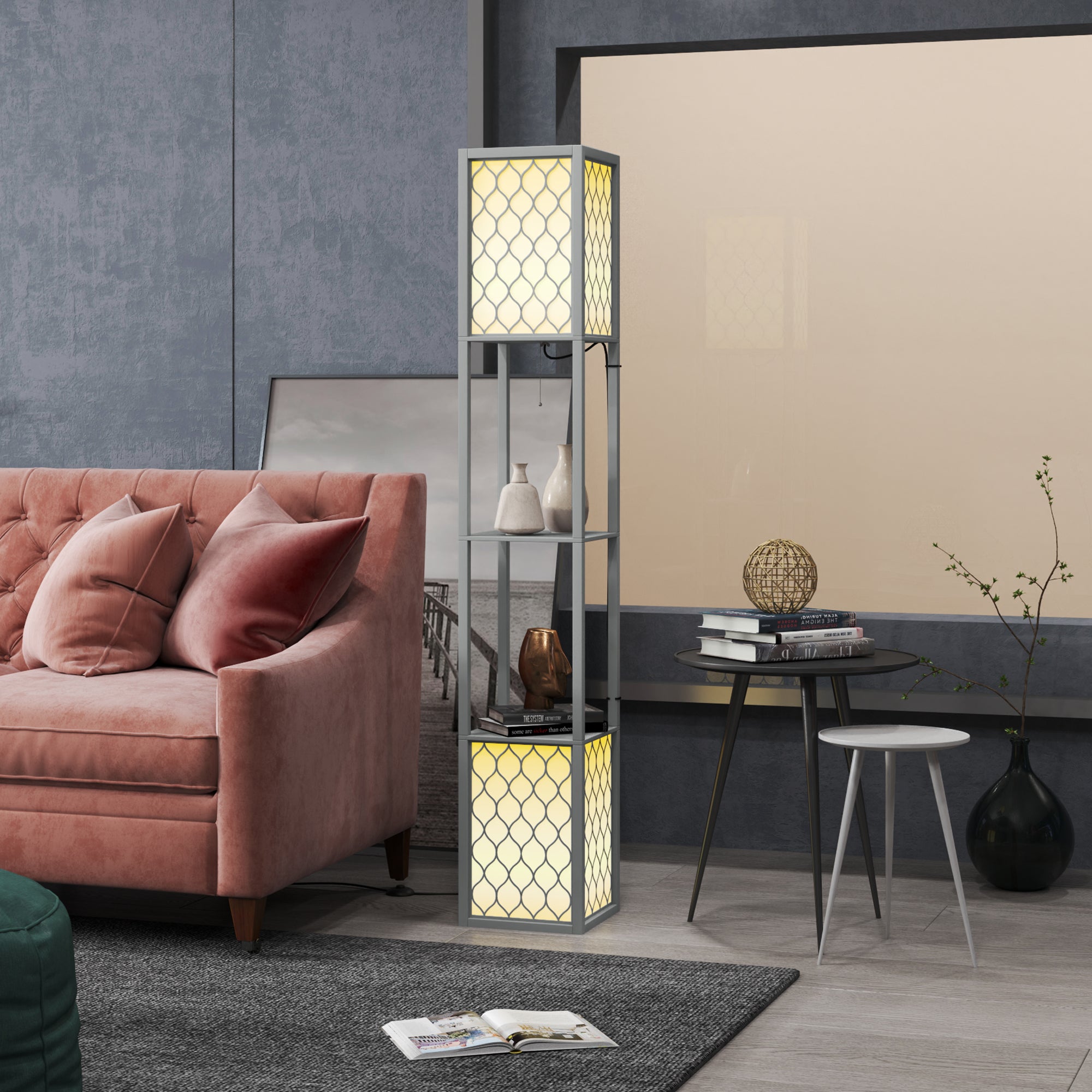 Floor Lamp with Shelves, Dual Light, Modern Tall Standing Lamps, with Pull Chain Switch (Bulb not Included), Light Grey