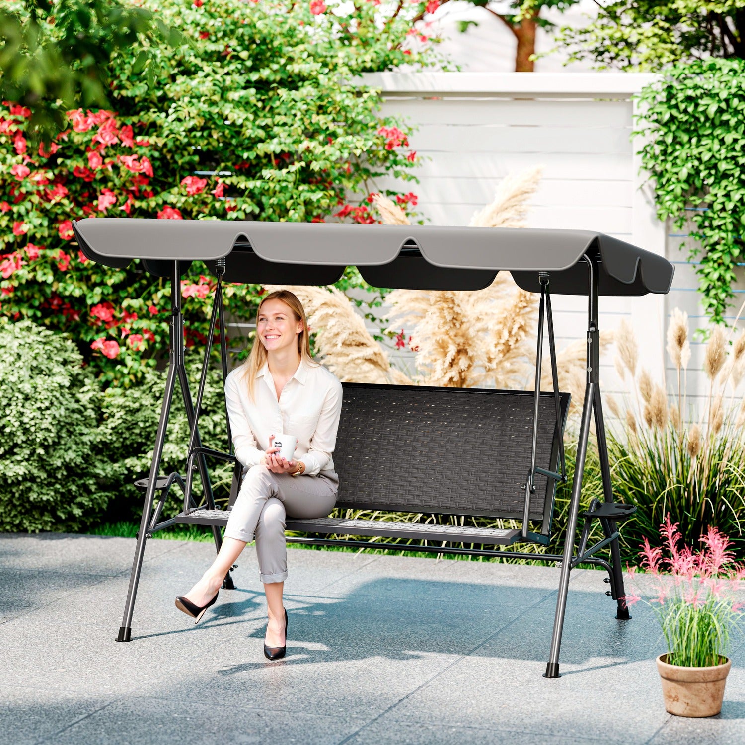 3 Seater Swing Chair, Garden Swing Seat Bench with Adjustable Canopy, Rattan Seat and Steel Frame for Patio, Yard, Grey