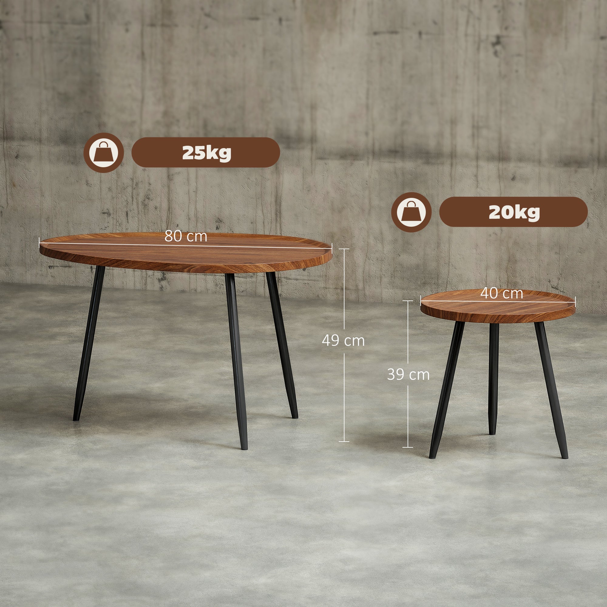 Nesting Coffee Table Set of 2, 80cm Modern Stacking End Side Table with Metal Legs for Living Room Bedroom Office, Chestnut Wood Effect