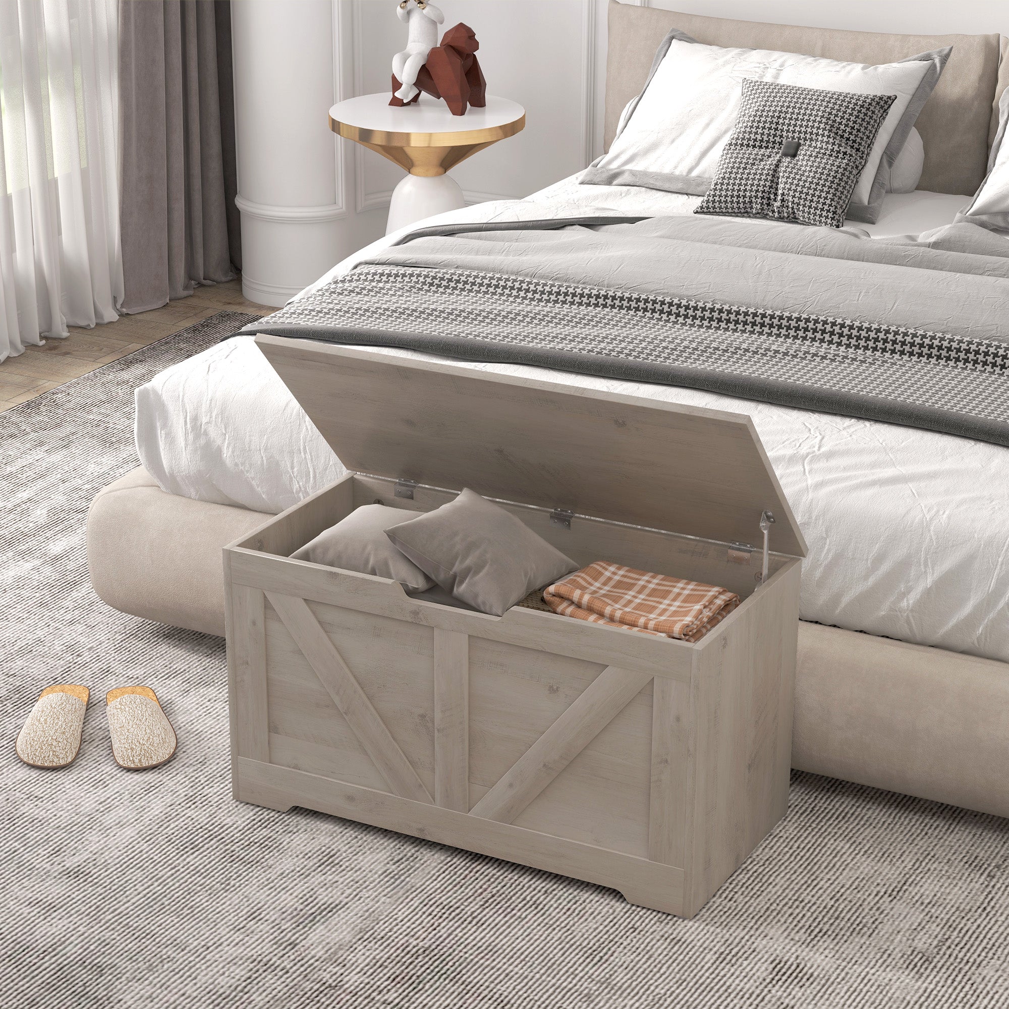 100L Home Storage Box with Safety Hinges - Grey Wood-Effect