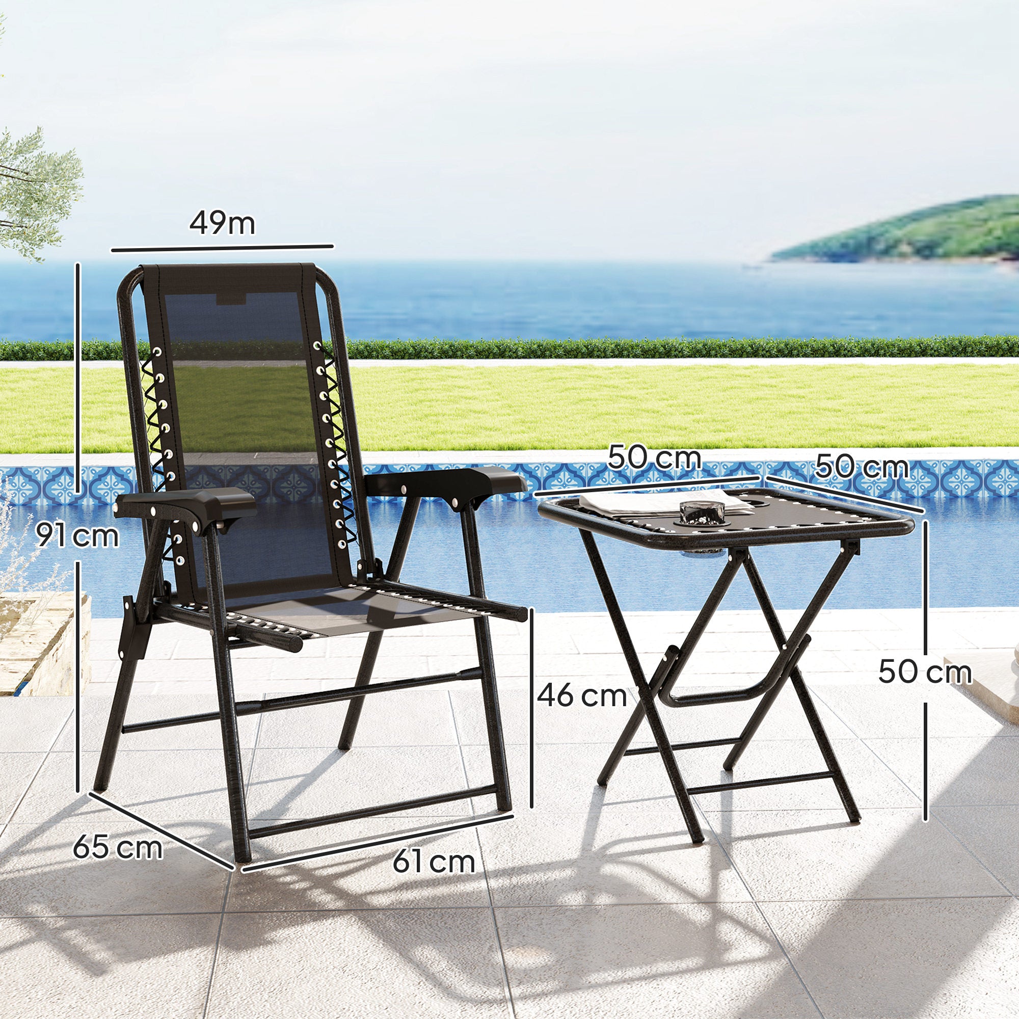 3 Piece Garden Table and Chair Set with Texteline Fabric - Black