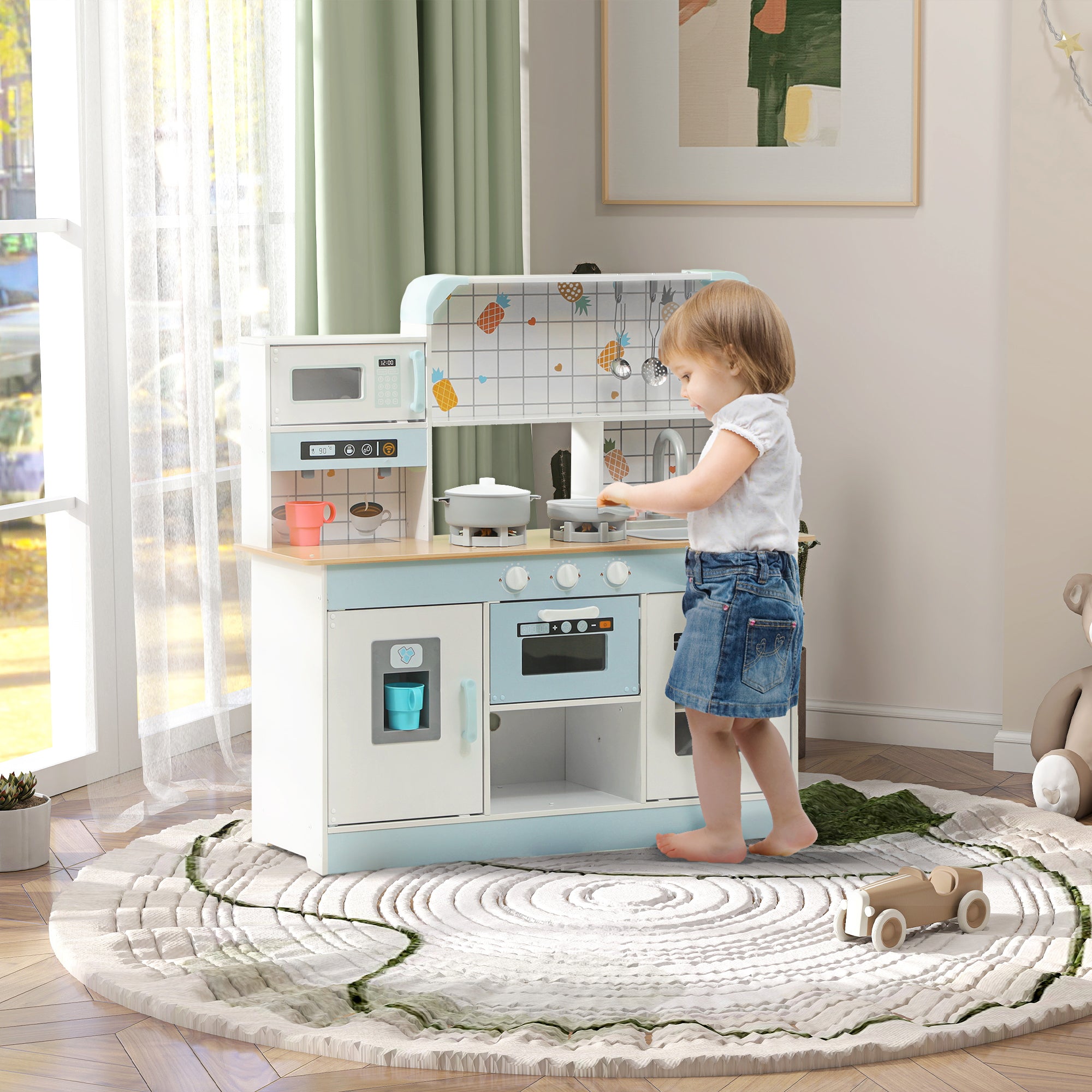 Toy Kitchen, Pretend Role Play Kitchen with Hob, Sound and Light, Coffee Machine, Ice Maker, Microwave