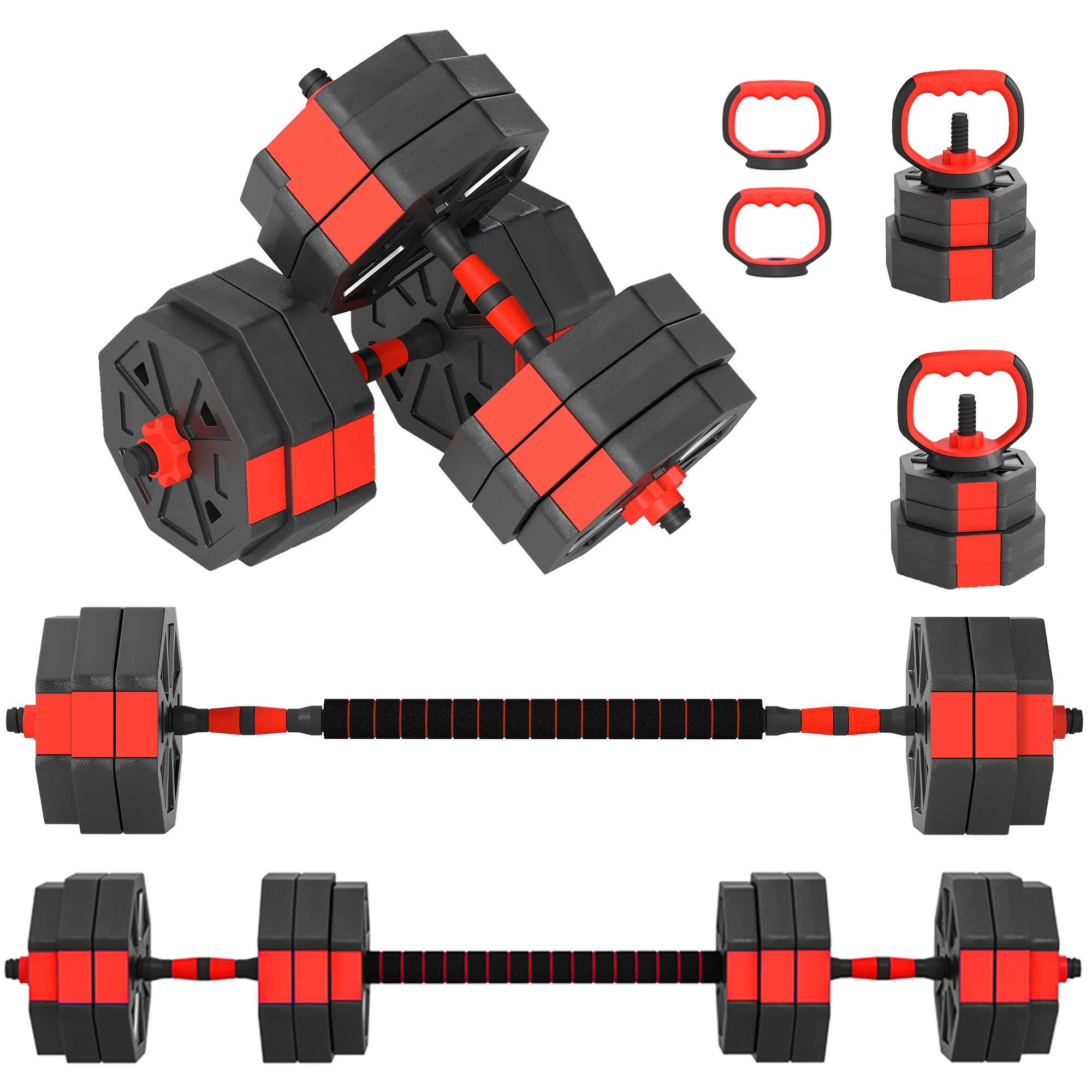 6-in-1 Adjustable Weight Dumbbells Set, Used as Kettlebell, Barbell, Dumbbell, Push-Up Stand, 30kg Free Weights Set for Men and Women Home Gym Training, Red