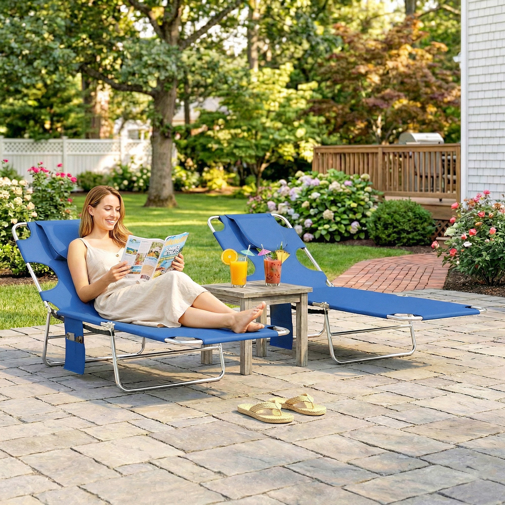 5-Position Adjustable Sun Loungers Set of 2 with Reading Hole and Side Pocket, Blue