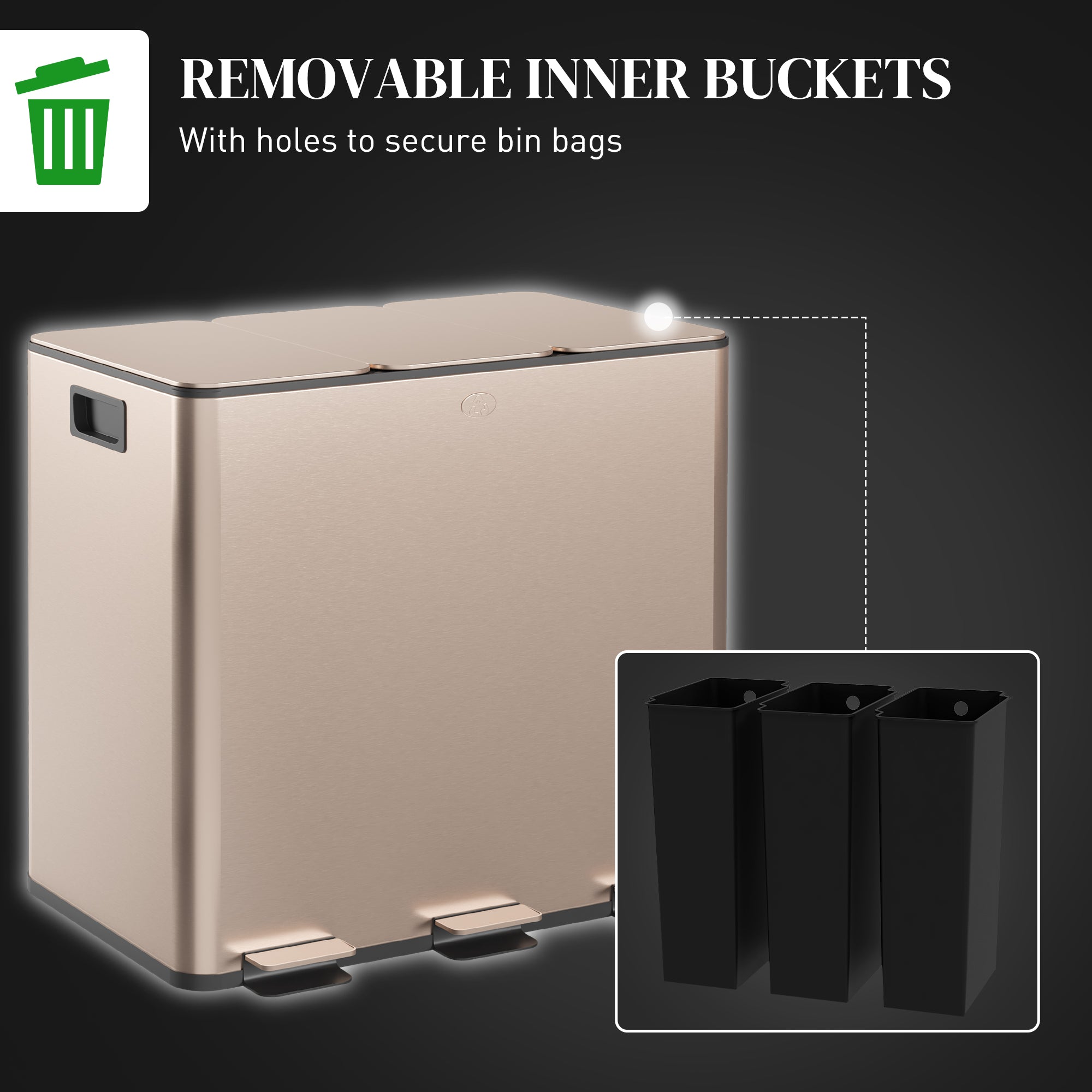 45L Triple Compartment Stainless Steel Bin, with Deodoriser Holders - Gold Tone