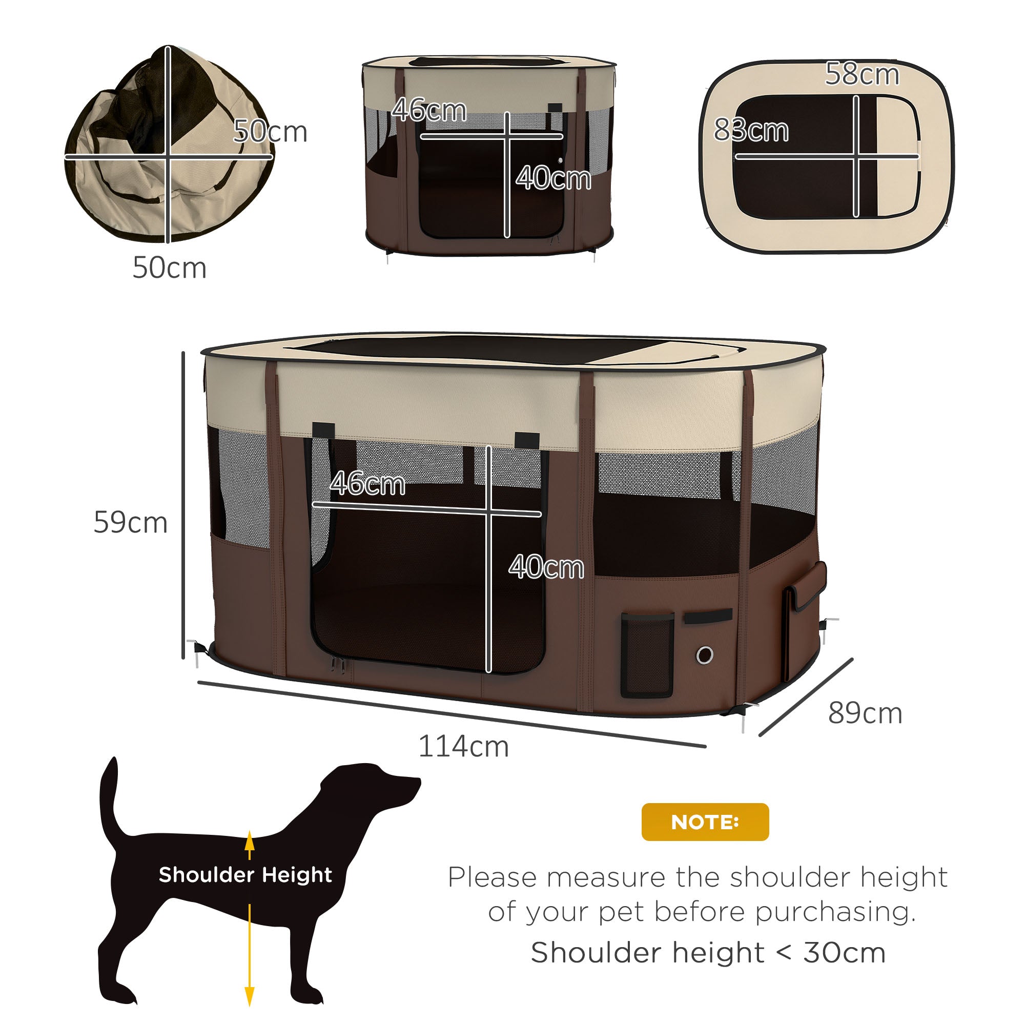 Foldable Dog Pen with Storage Bag for Indoor/Outdoor Use, Portable Pet playpen, with Ground Stakes - Brown