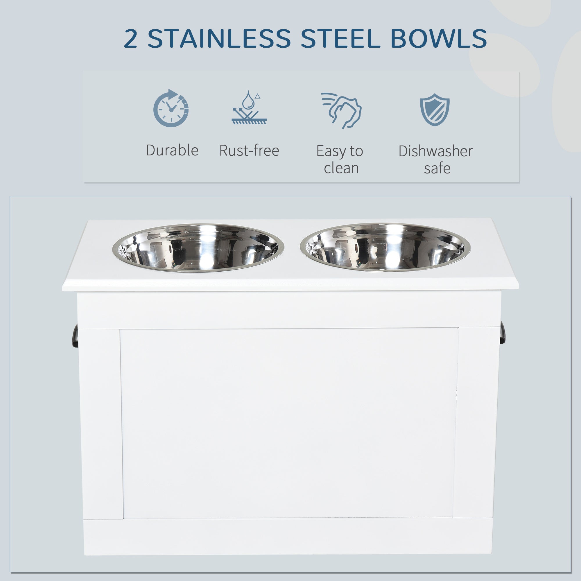 Raised Dog Bowls, with Storage, Two Stainless Steel Bowls, Elevated Base - White