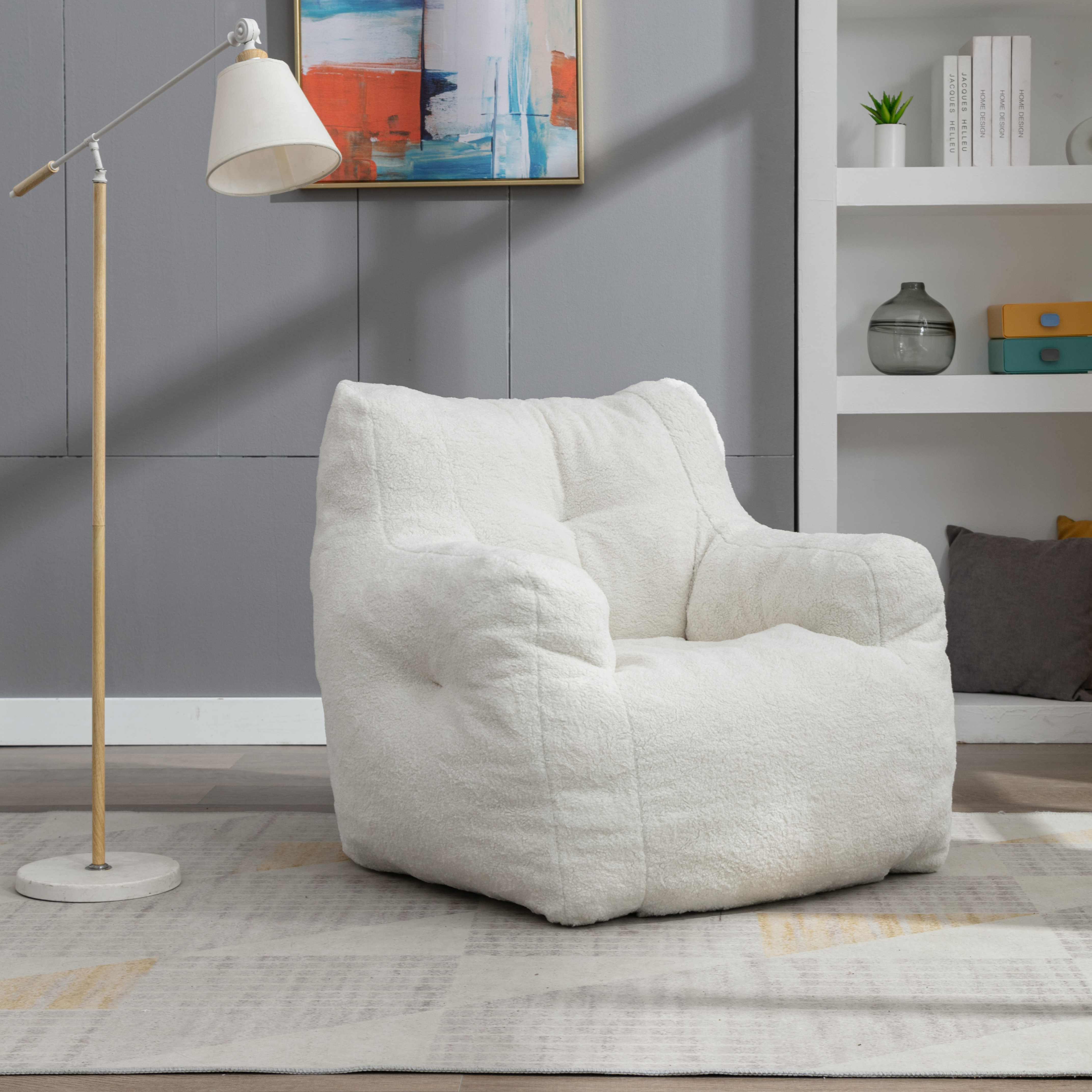 Soft Tufted Foam Bean Bag Snuggle Chair with Teddy Fabric, Ergonomic Backrest, 100x94x70 cm, White Teddy