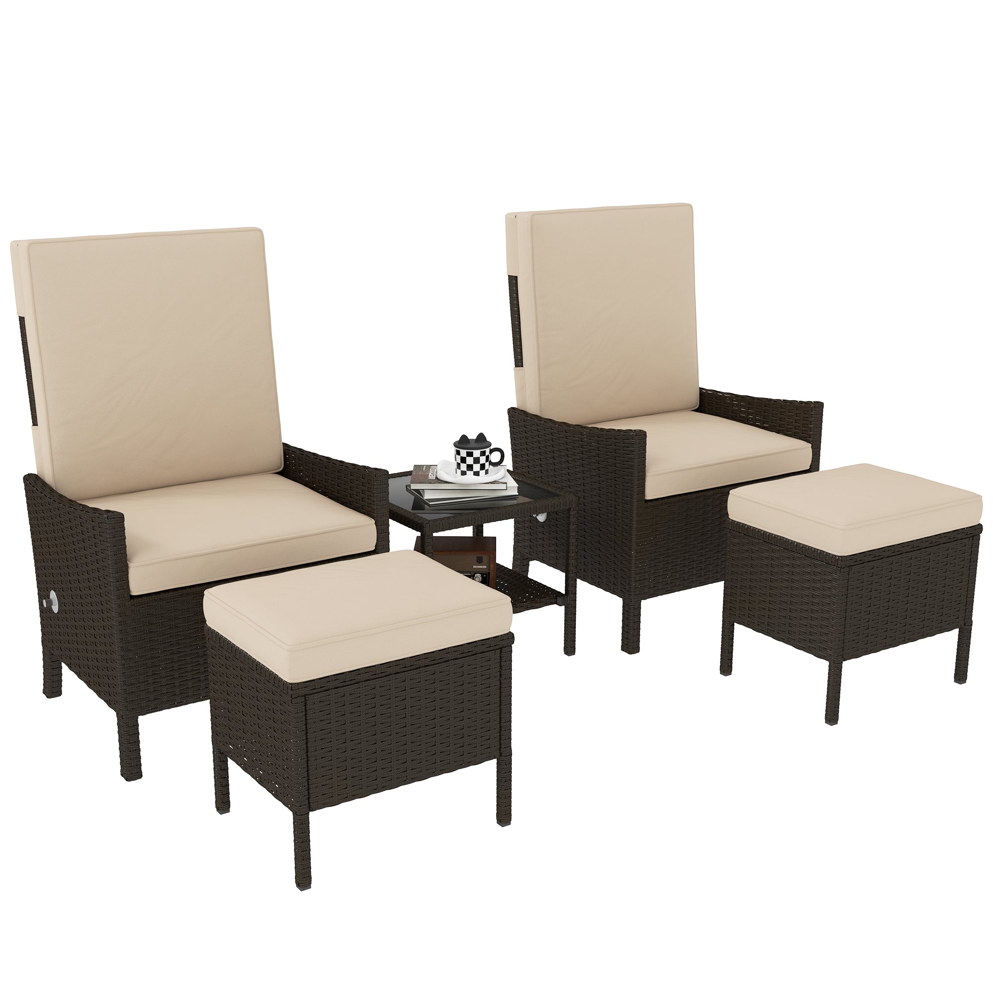 5 Piece Rattan Garden Furniture Set with Cushions and Glass Table Khaki