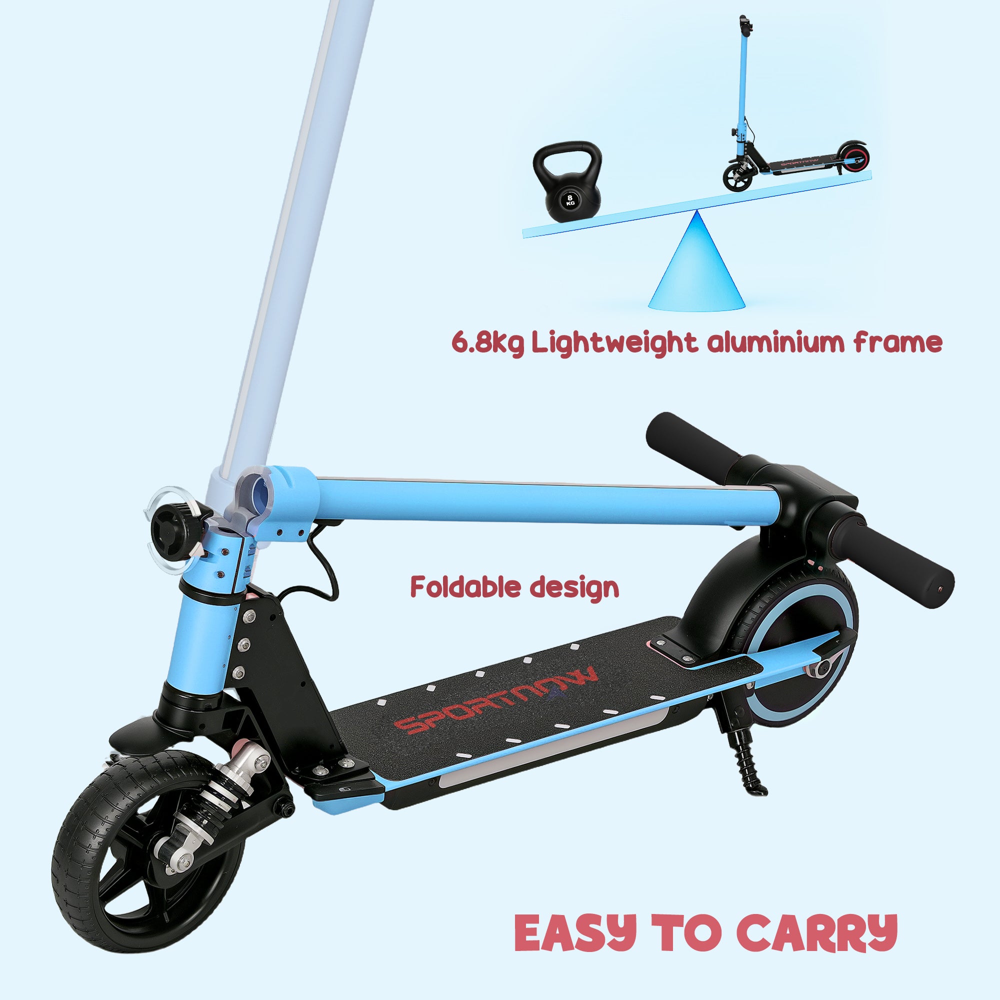Folding Electric Scooter for Kids 6-14 with Dual Brakes, Front Suspension & LED Lights - Blue