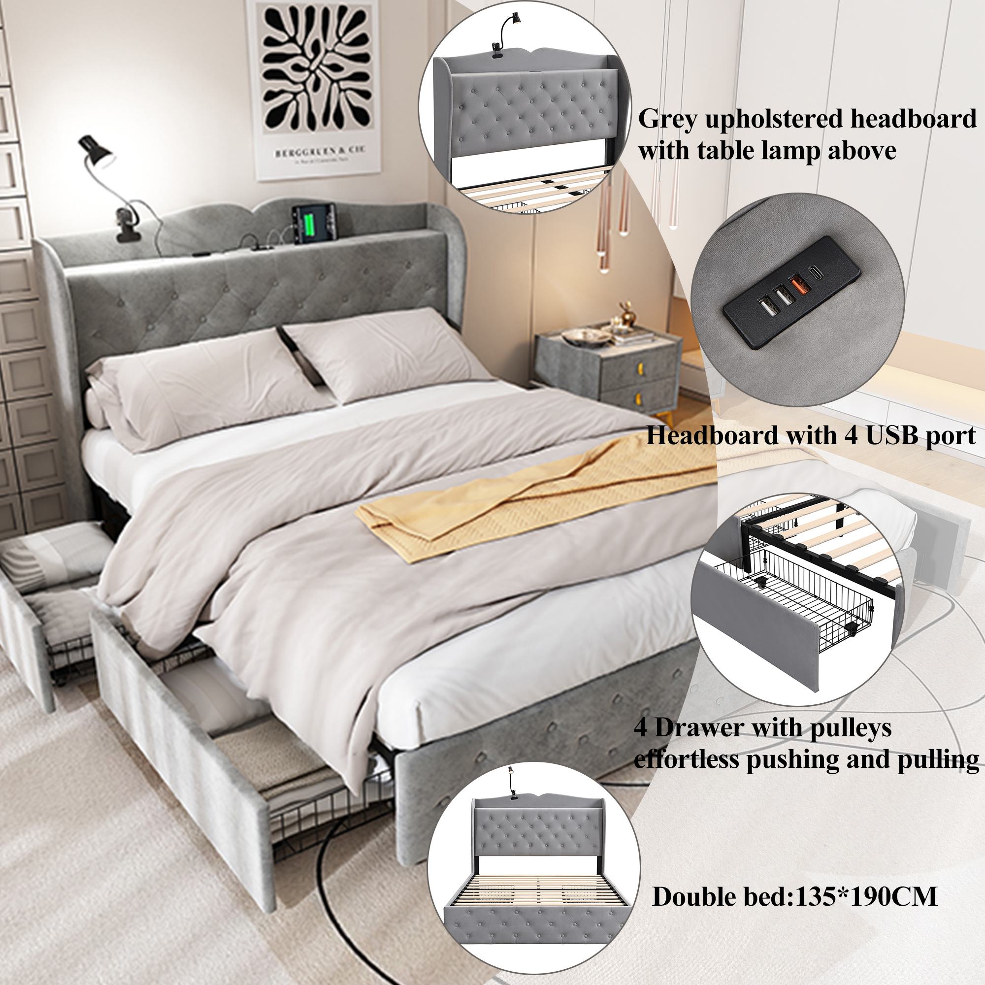 Double Upholstered Bed with 4 Drawers, USB Ports and Adjustable Lamp - Gray Velvet