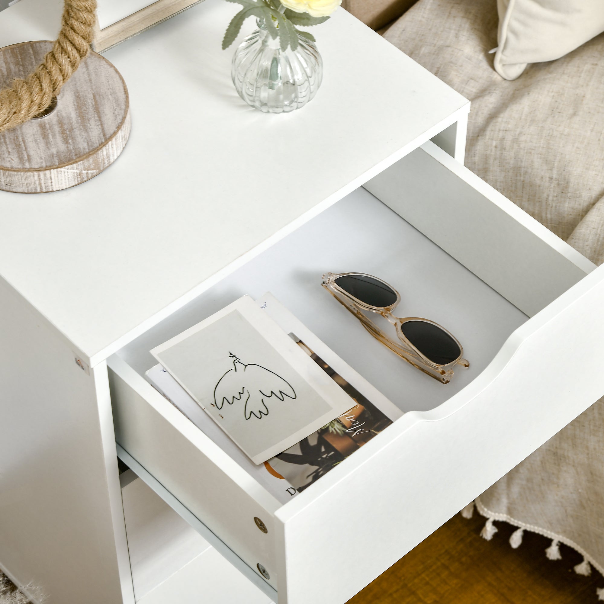 Set of 2 Bedside Tables, Modern Nightstand Side End Table with 3 Storage Drawers and Solid Pine Wood Legs for Bedroom Living Room Entryway, White
